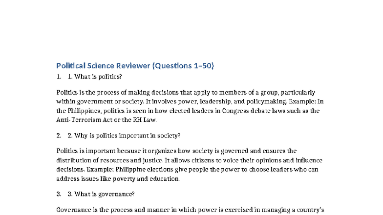 Political Science Reviewer: Key Concepts and Questions (PS 101) - Studocu