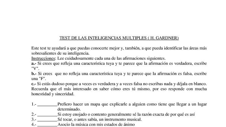 Test de Inteligencias Múltiples (H. Gardner) - Cuarto Medio - Studocu
