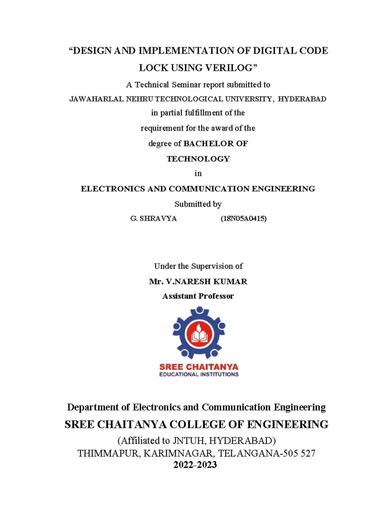 Tech Seminar Sample - Copy - “DESIGN AND IMPLEMENTATION OF DIGITAL CODE ...