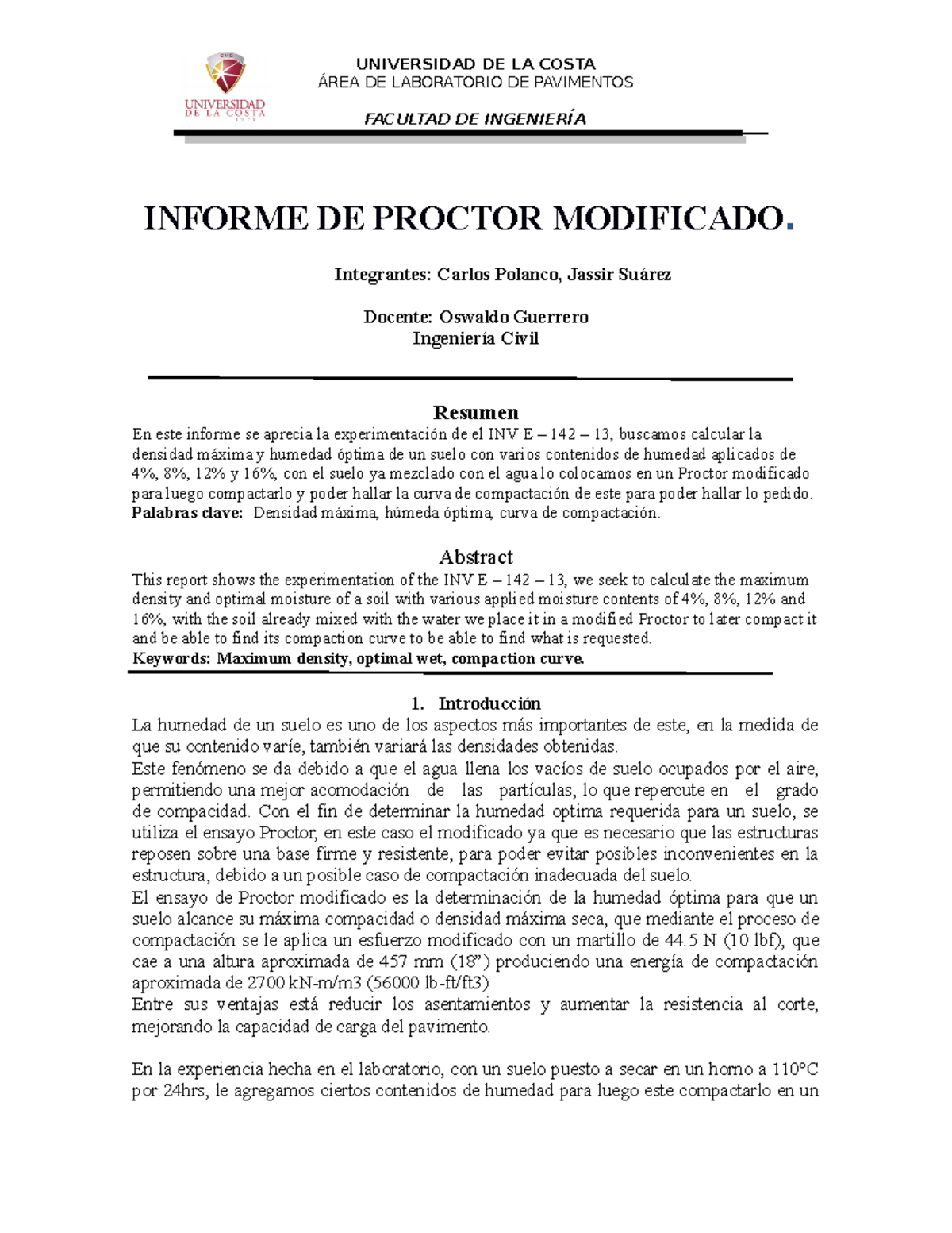 Informe Proctor Modificado - Ingeniería Civil - Ensayo de Compactación ...