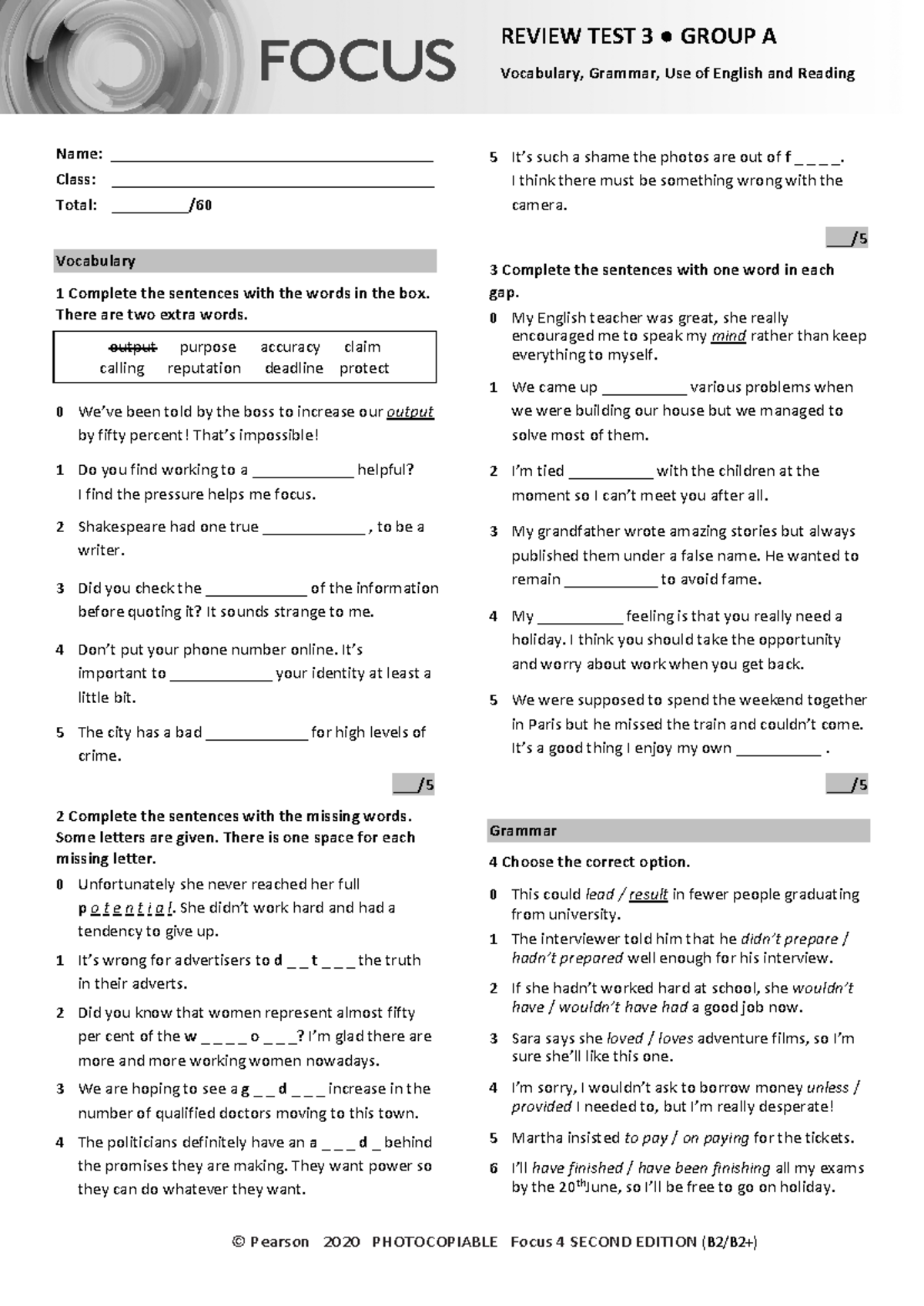Focus 4 2E Review Test 3: Vocabulary, Grammar & Reading (Units 1-6 ...