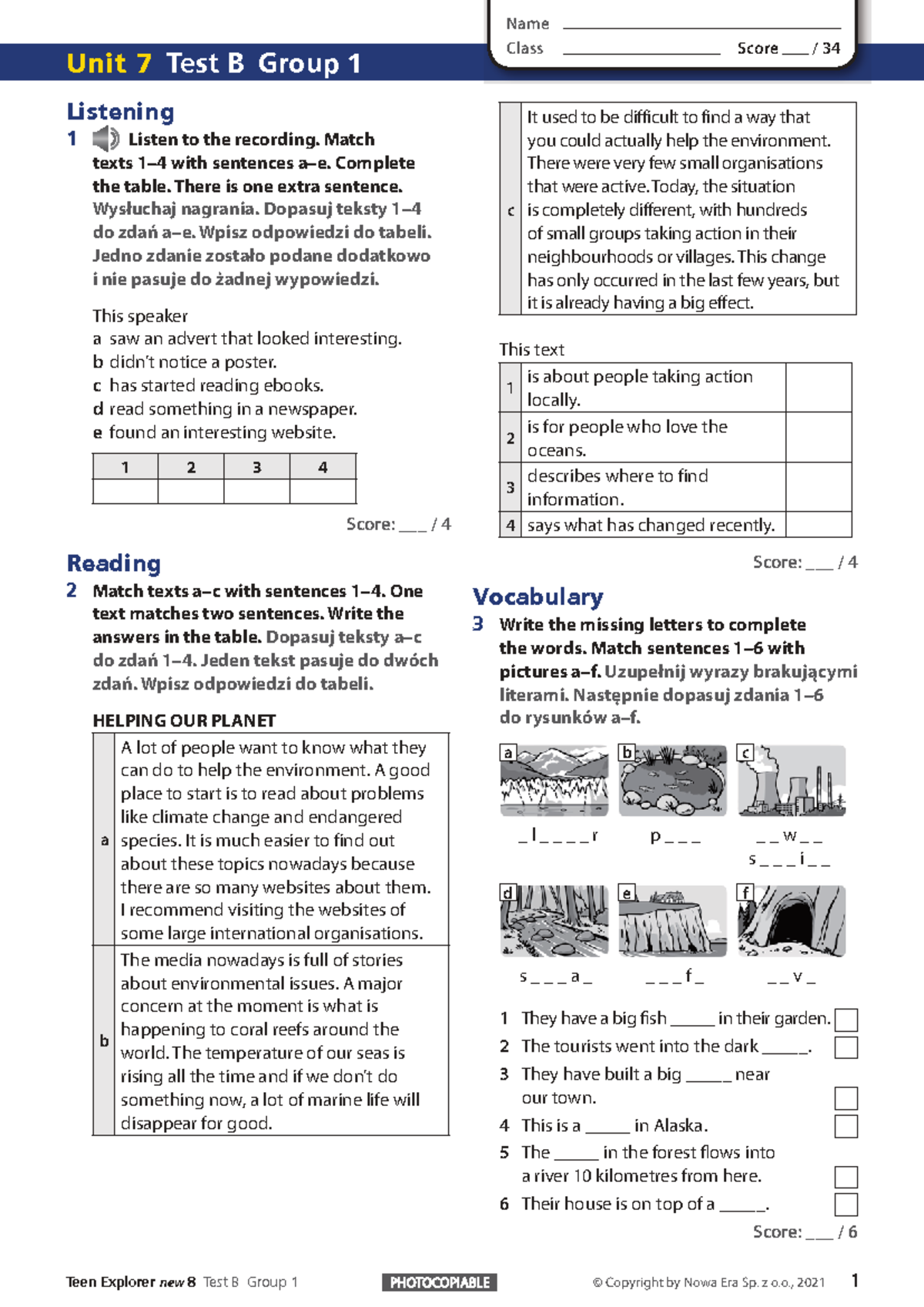 TE8new Unit 7 Test B Group 1 Listening & Reading Activities - Studocu