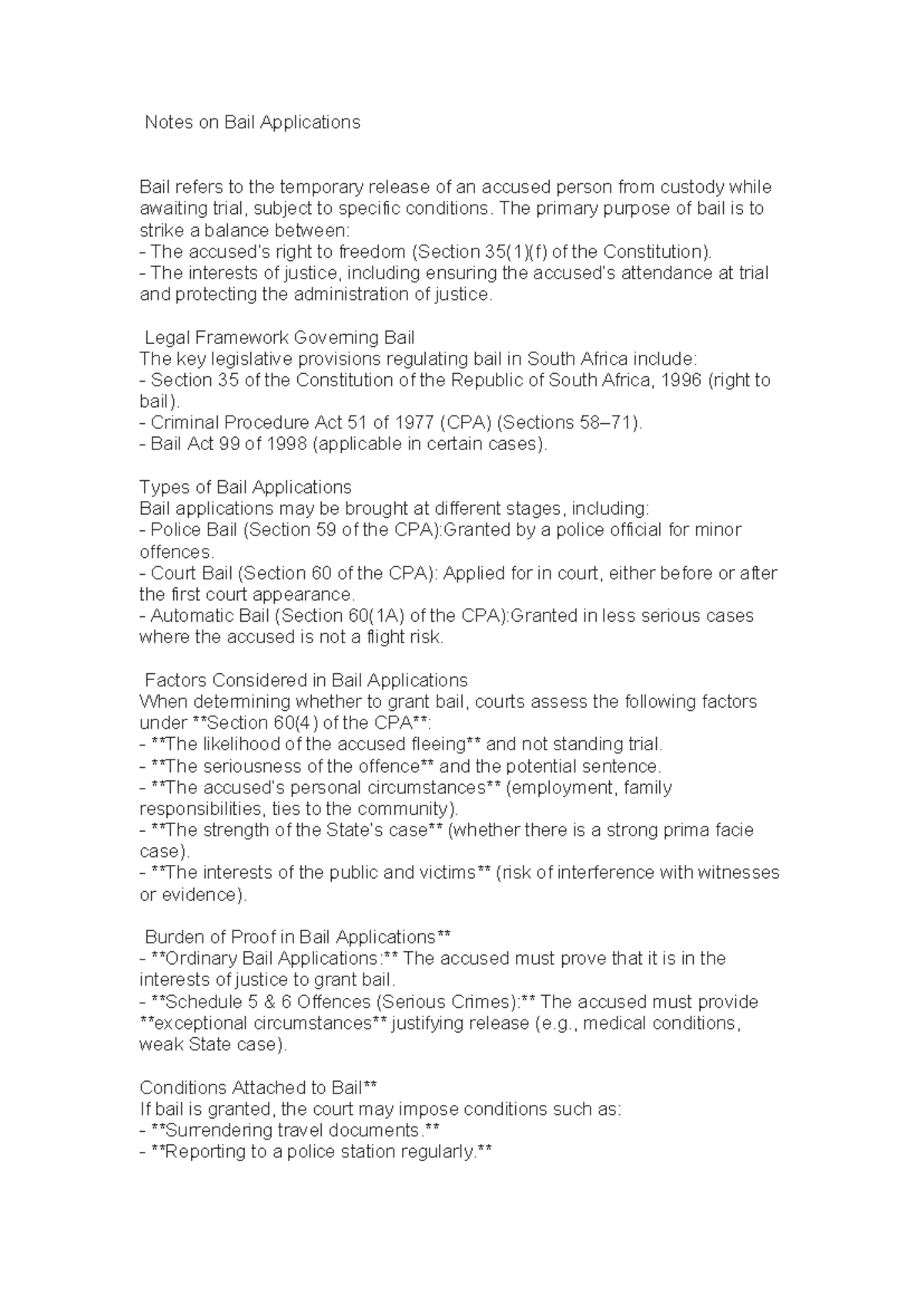Bail Applications Notes: Legal Framework & Considerations - Studocu