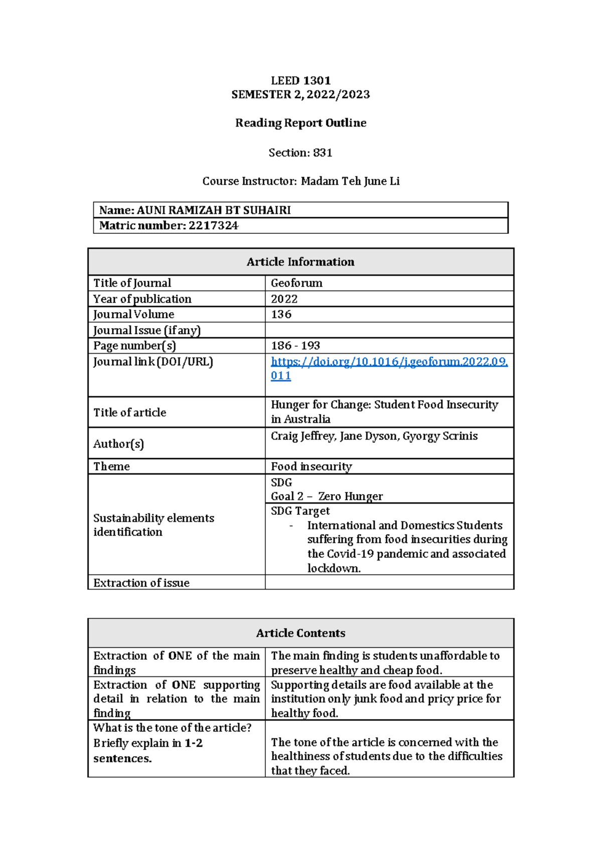 LEED 1301 Reading Report Outline: Hunger for Change in Food Insecurity ...