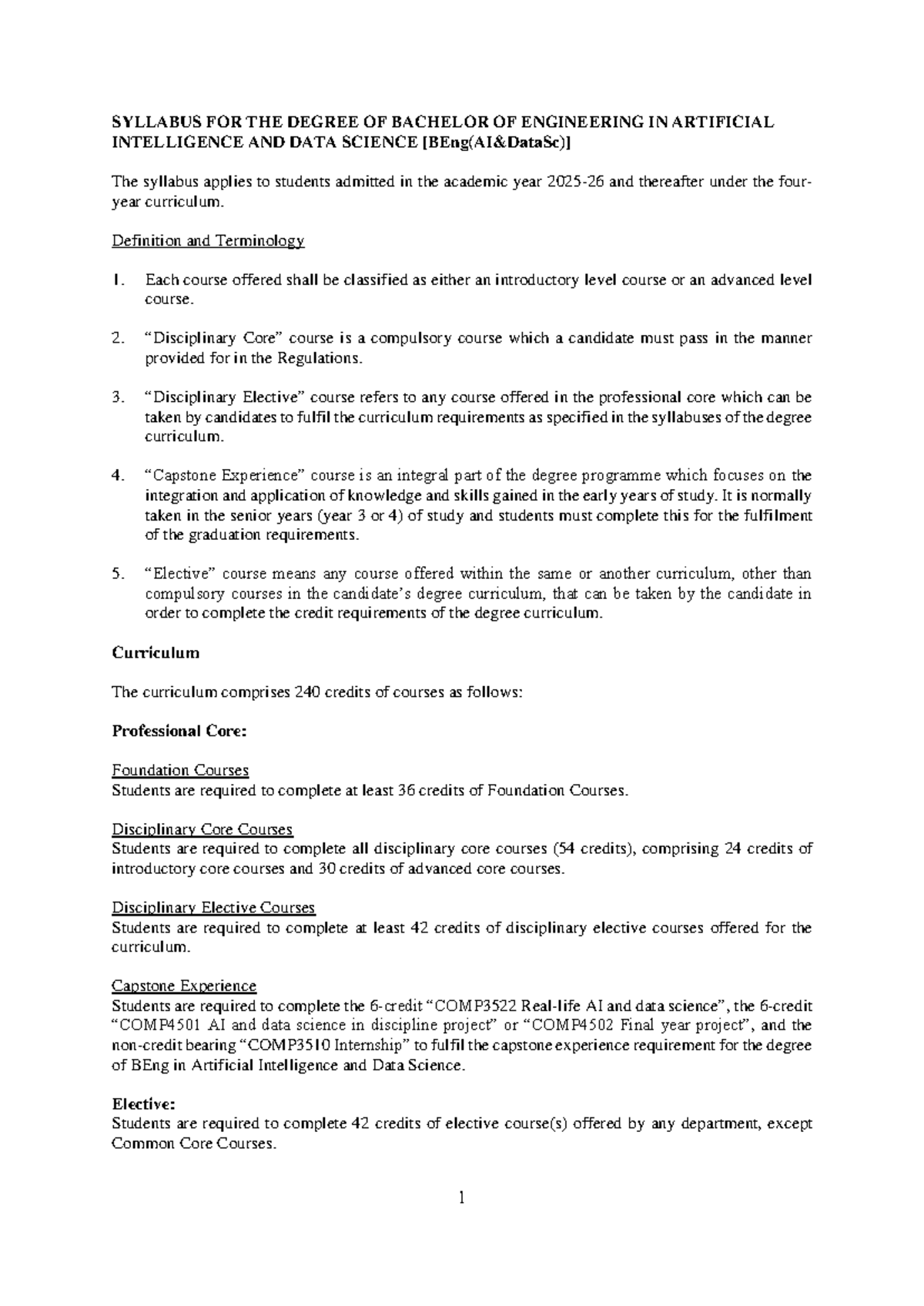 Syllabus for BEng in AI and Data Science (2025-26) UG5 - Studocu