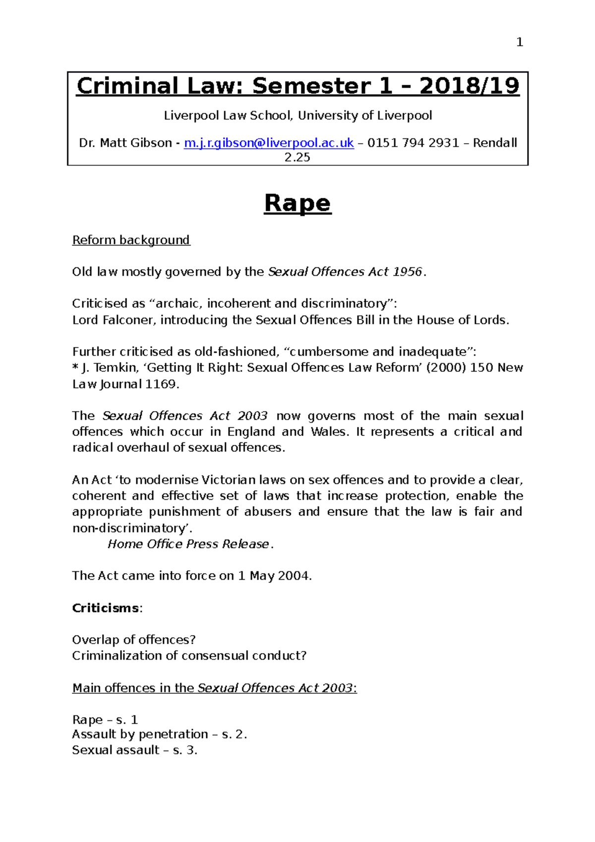 Rape handout 2018-19 - Lecture notes 6-8 - 1 Criminal Law: Semester 1 ...
