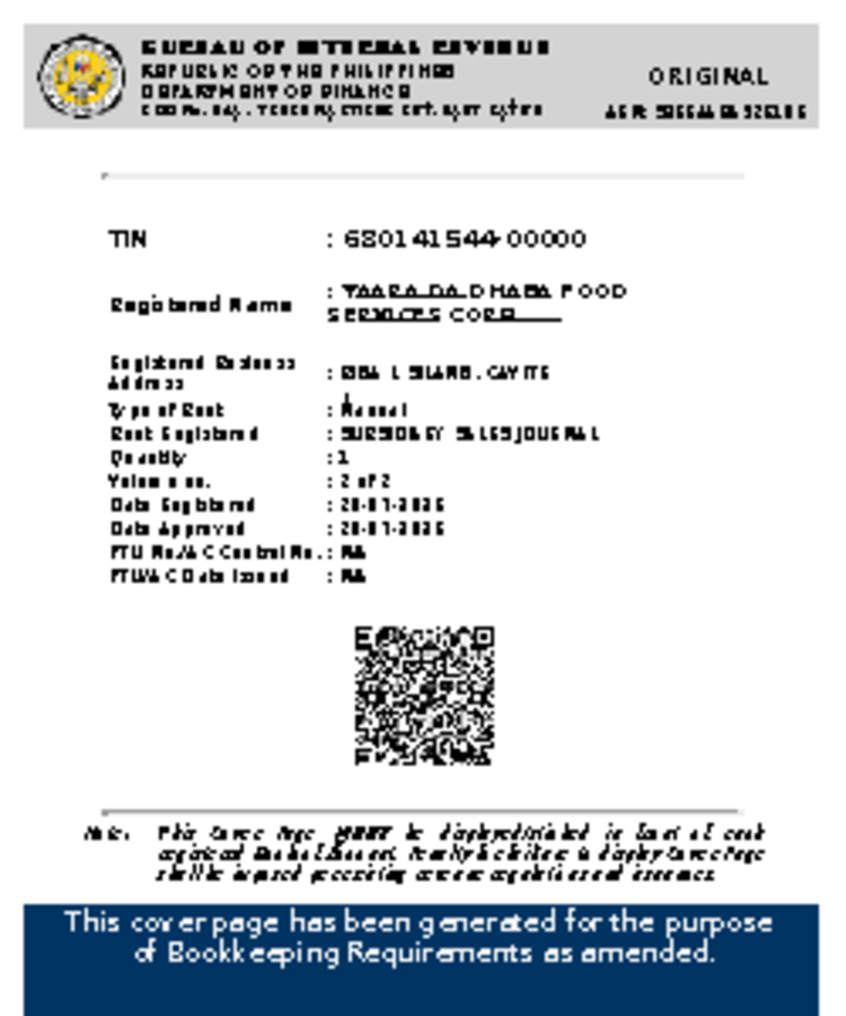BIR RDO No. 54A Cover Page for Subsidiary Sales Journal - Studocu