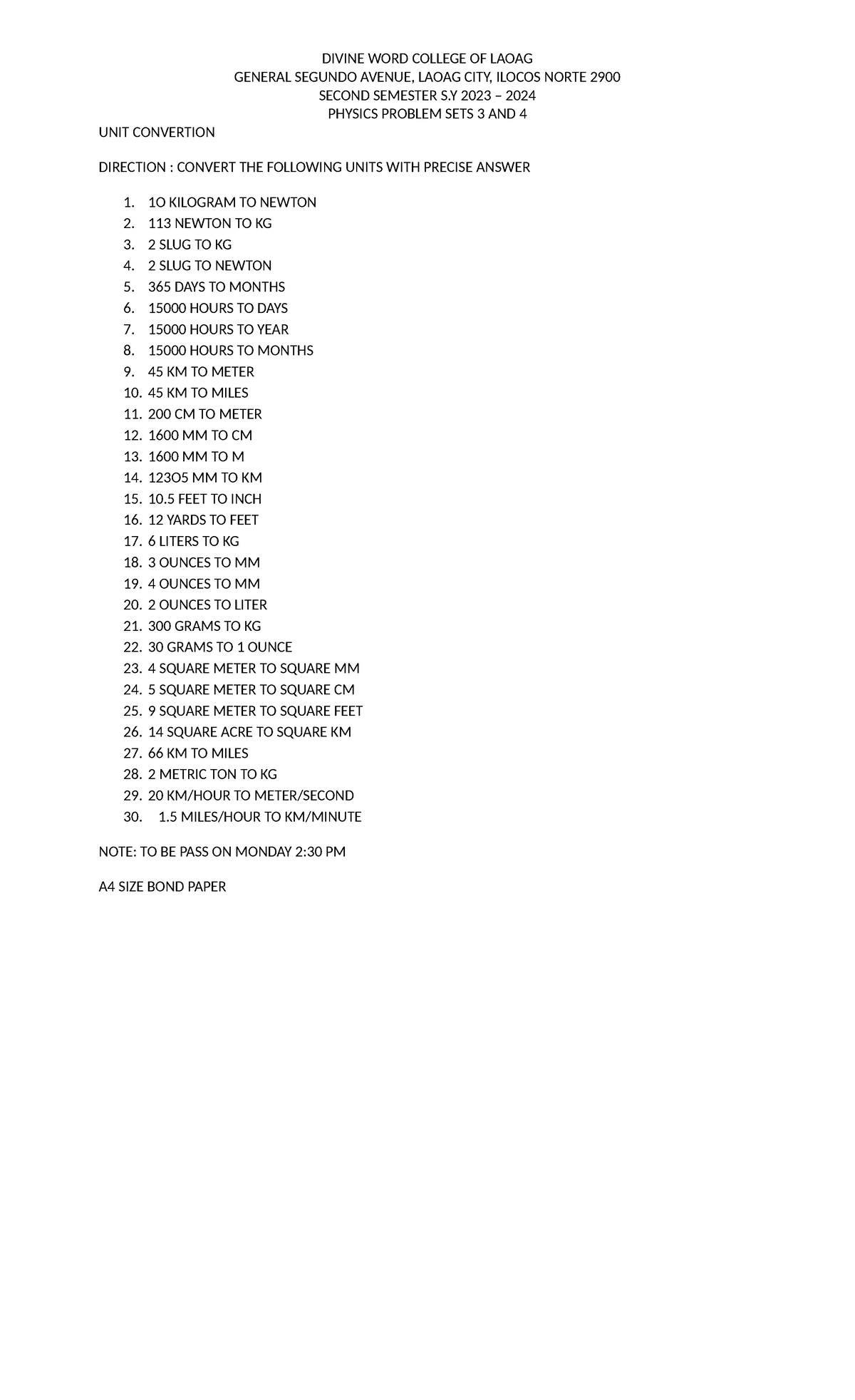 Physics Unit Conversion Problem Sets 3 & 4 - S.Y. 2023-2024 - Studocu