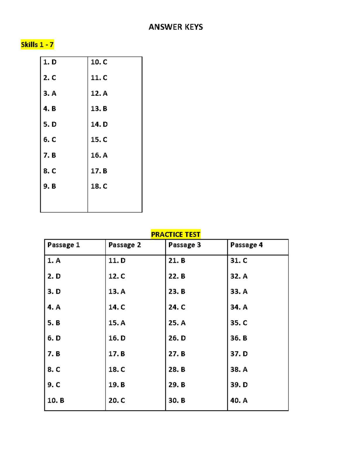 READING KEYS - Skills 1-7 _ Practice test - ANSWER KEYS Skills 1 - 7 1 ...