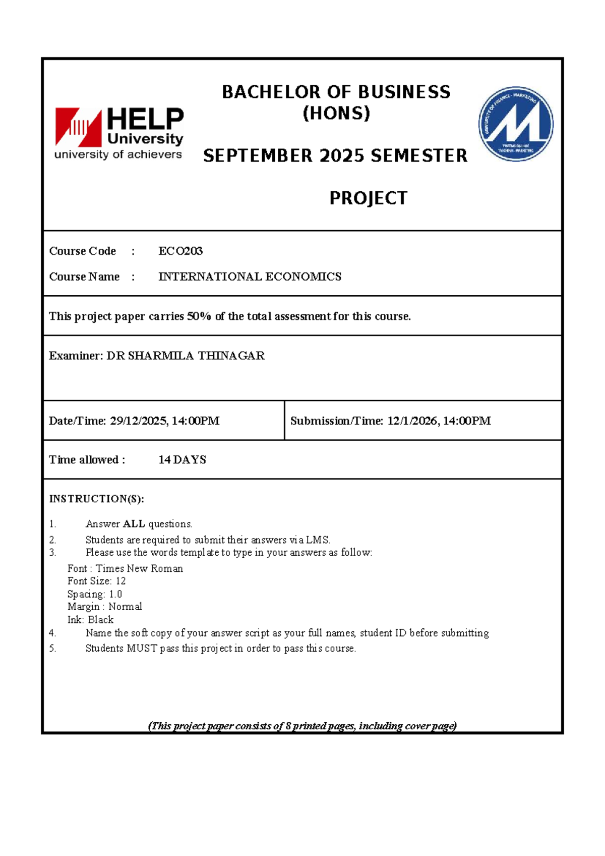 ECO203 International Economics Final Project - September 2025 - Studocu