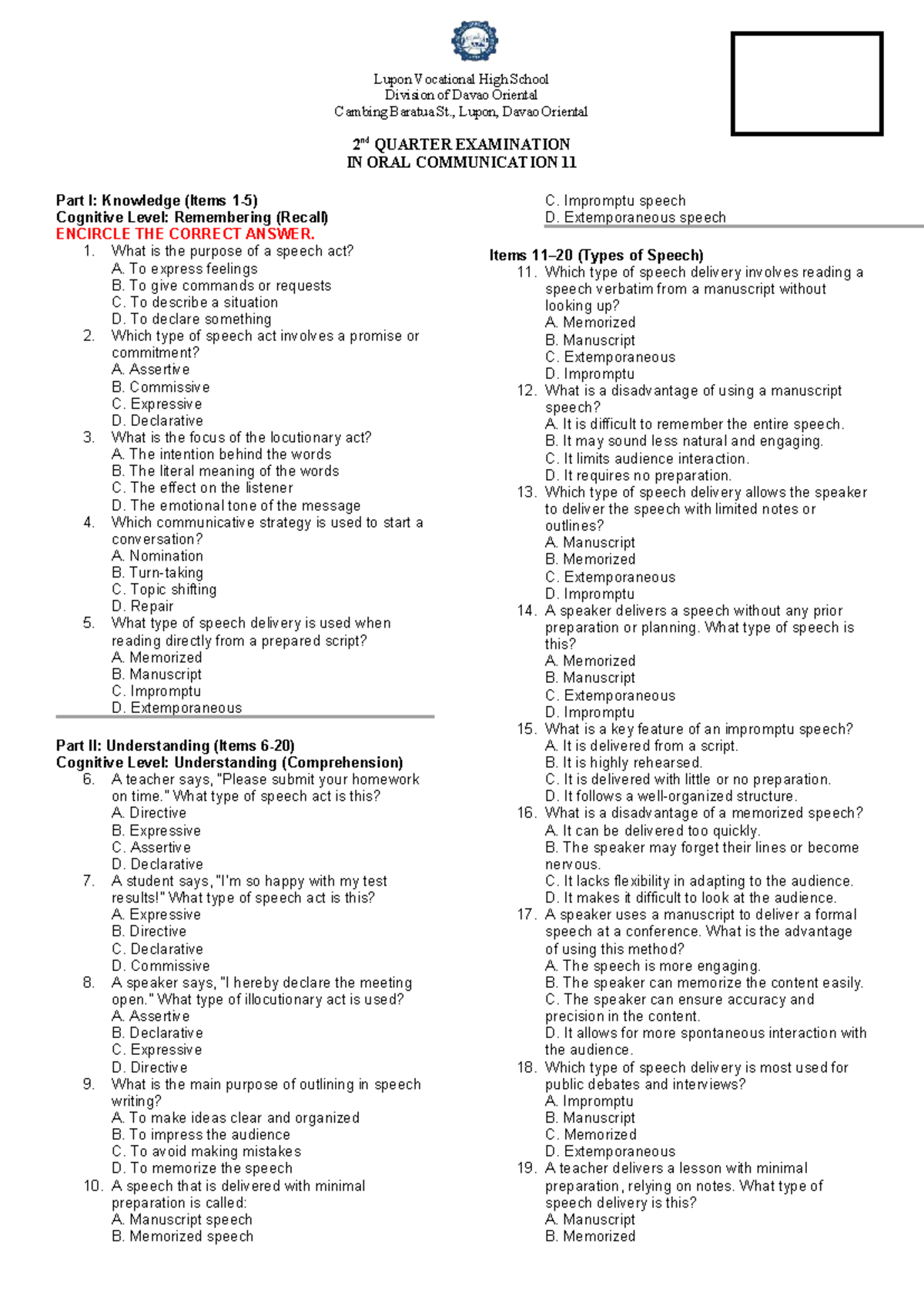 2ND QUARTER EXAMINATION IN ORAL COMMUNICATION 11 - LECTURE NOTES - Studocu