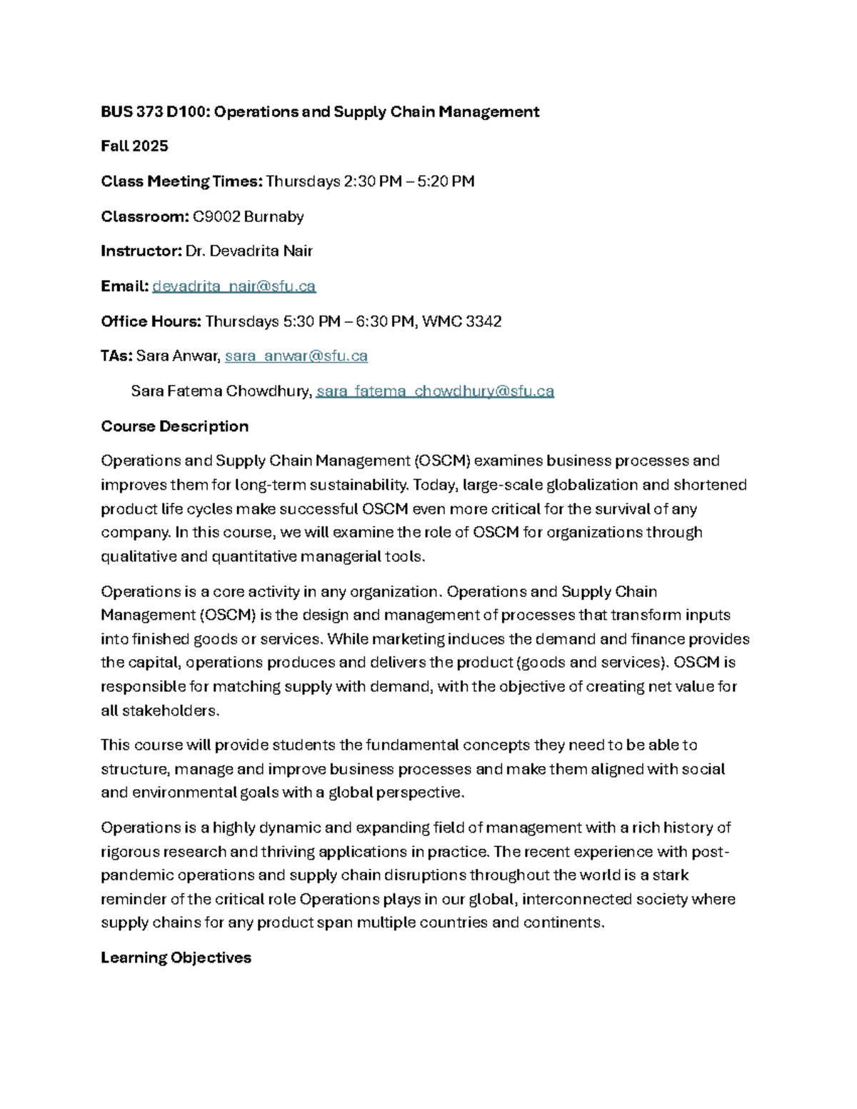 BUS 373 D100: Operations & Supply Chain Management Syllabus Fall 2025 ...
