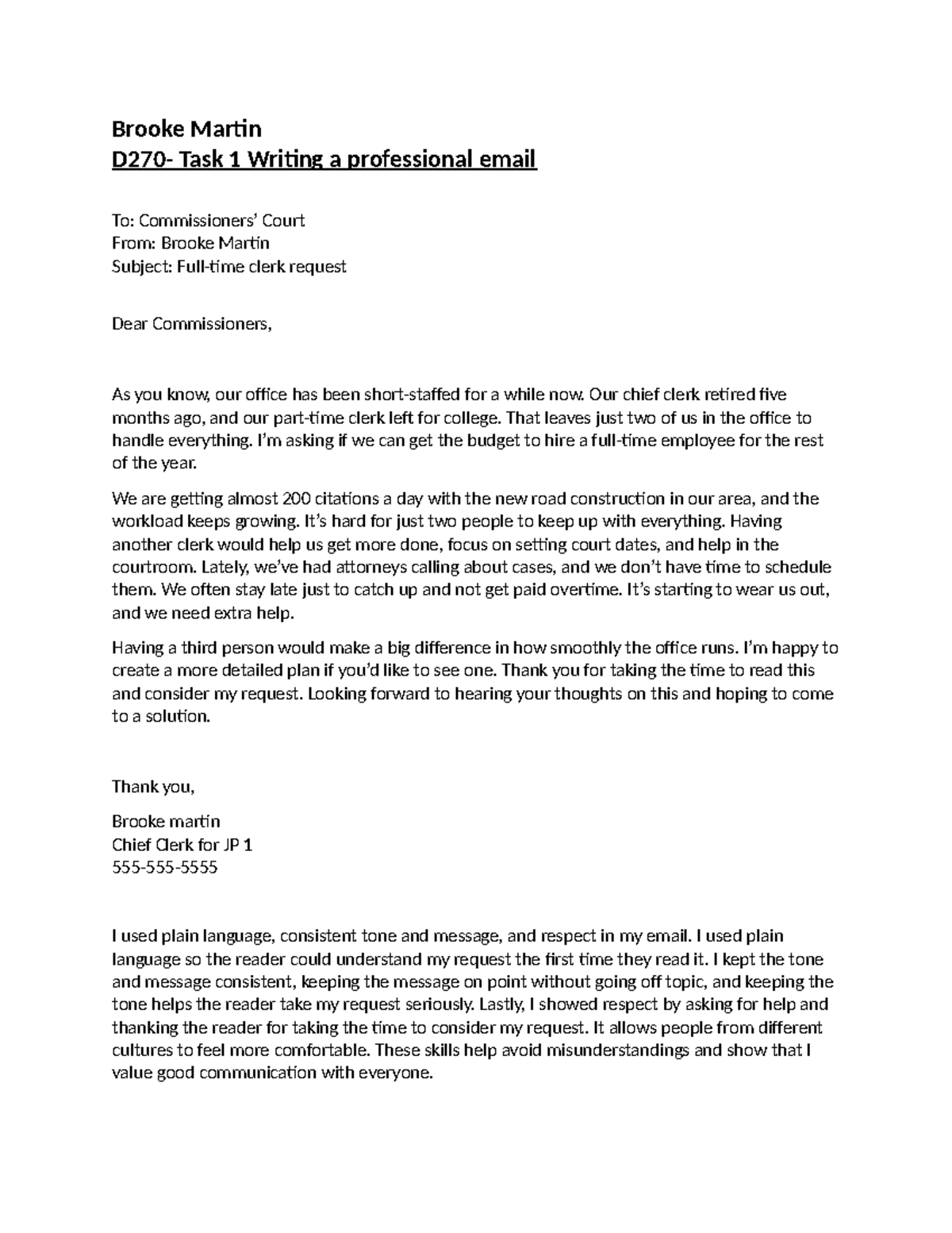 Task 1 - Writing a Professional Email Request for Clerk Hiring - Studocu
