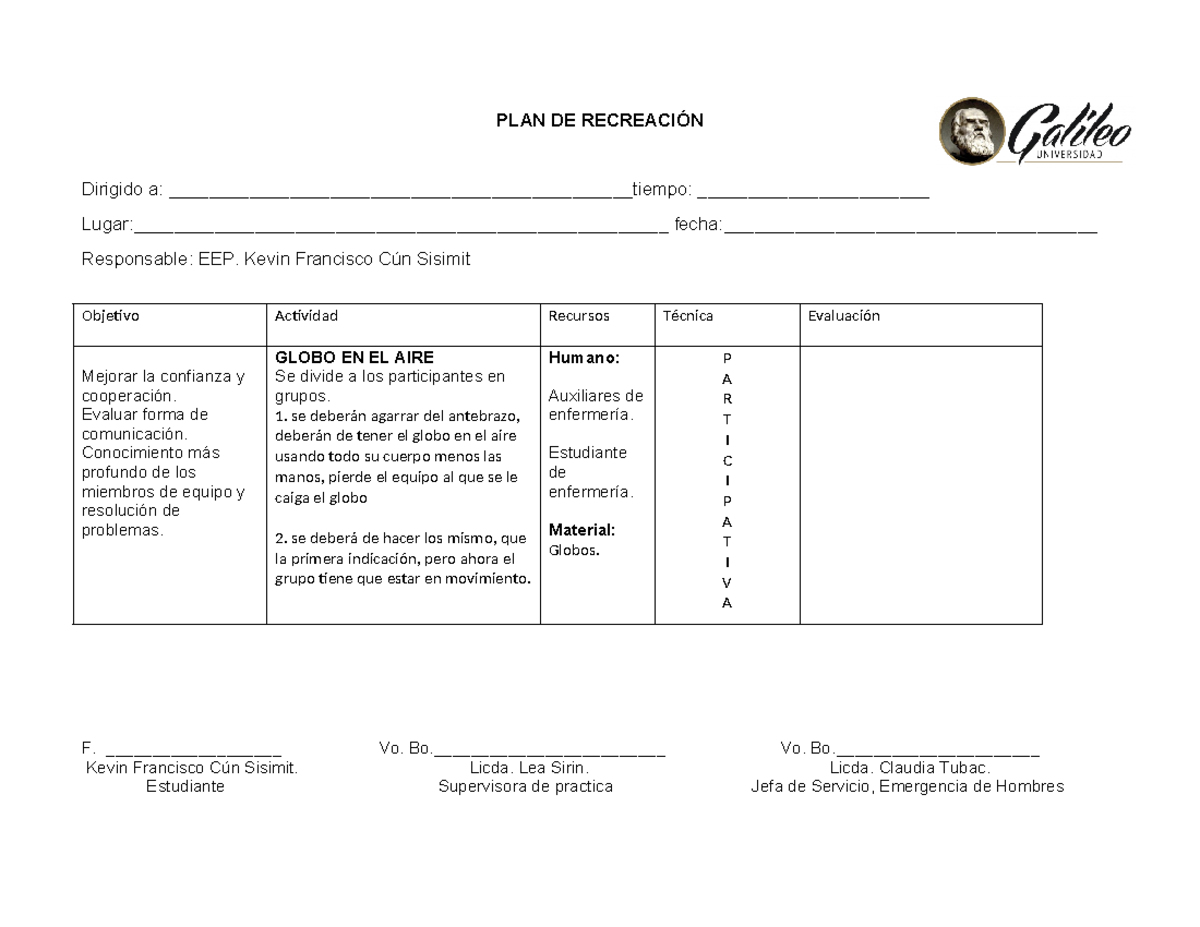 PLAN DE Recreación - planes de recreacion - PLAN DE RECREACIÓN Dirigido