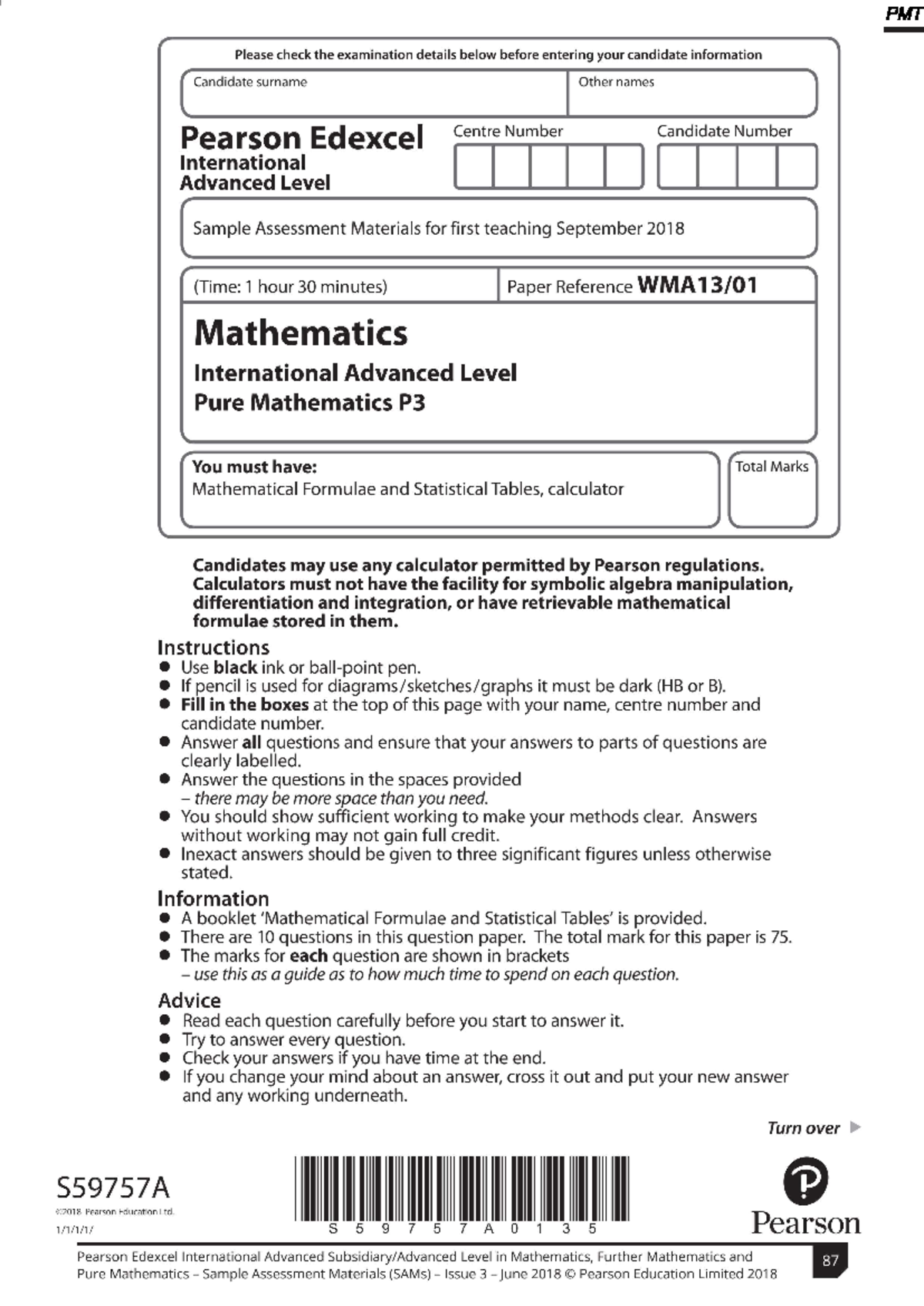 Mathematics P3 - Sample Assessment Materials, Sept 2018 (1h 30m) - Studocu