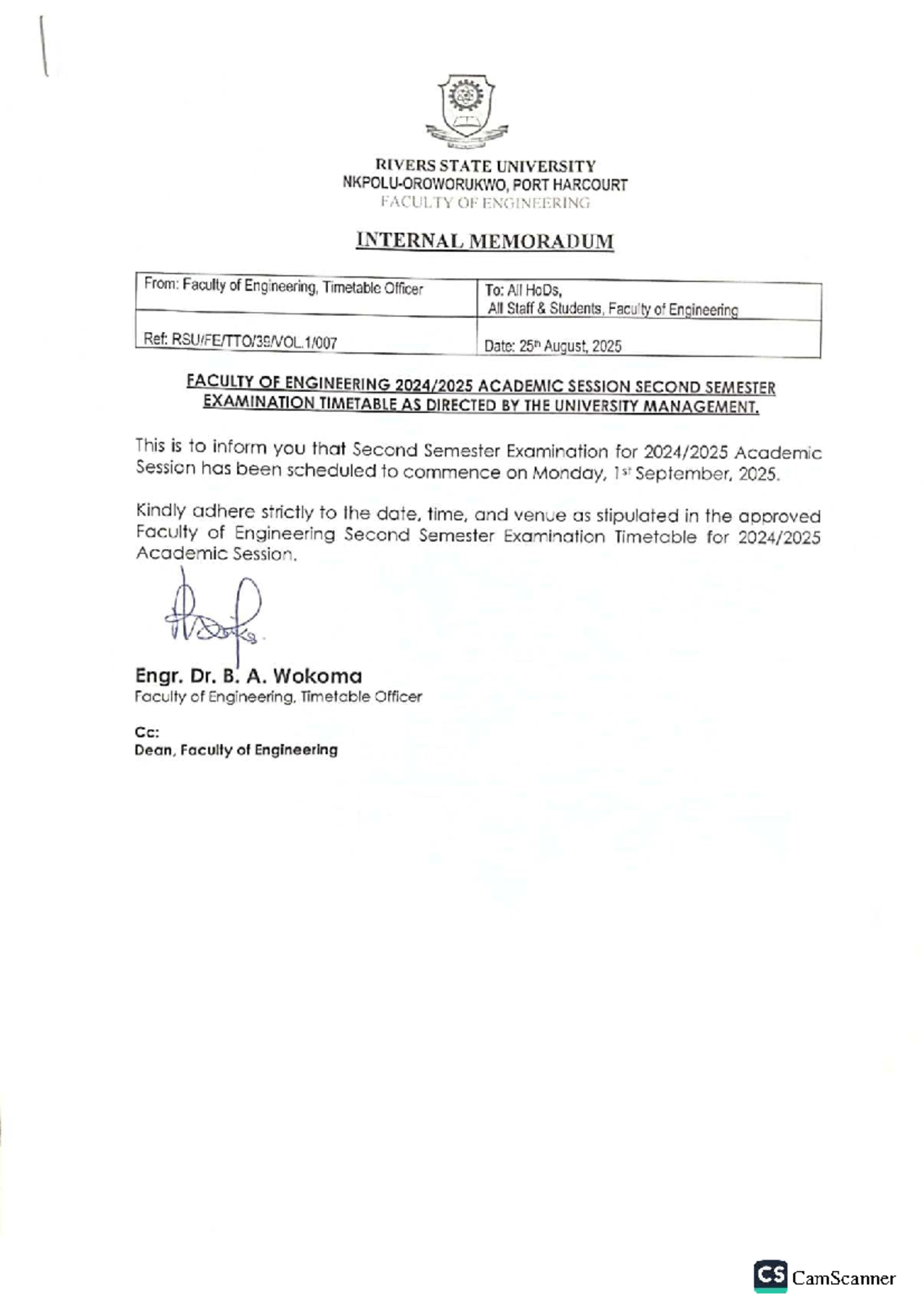 RIVERS STATE UNIVERSITY CS 202425 2ND SEMESTER EXAM TIMETABLE - Studocu