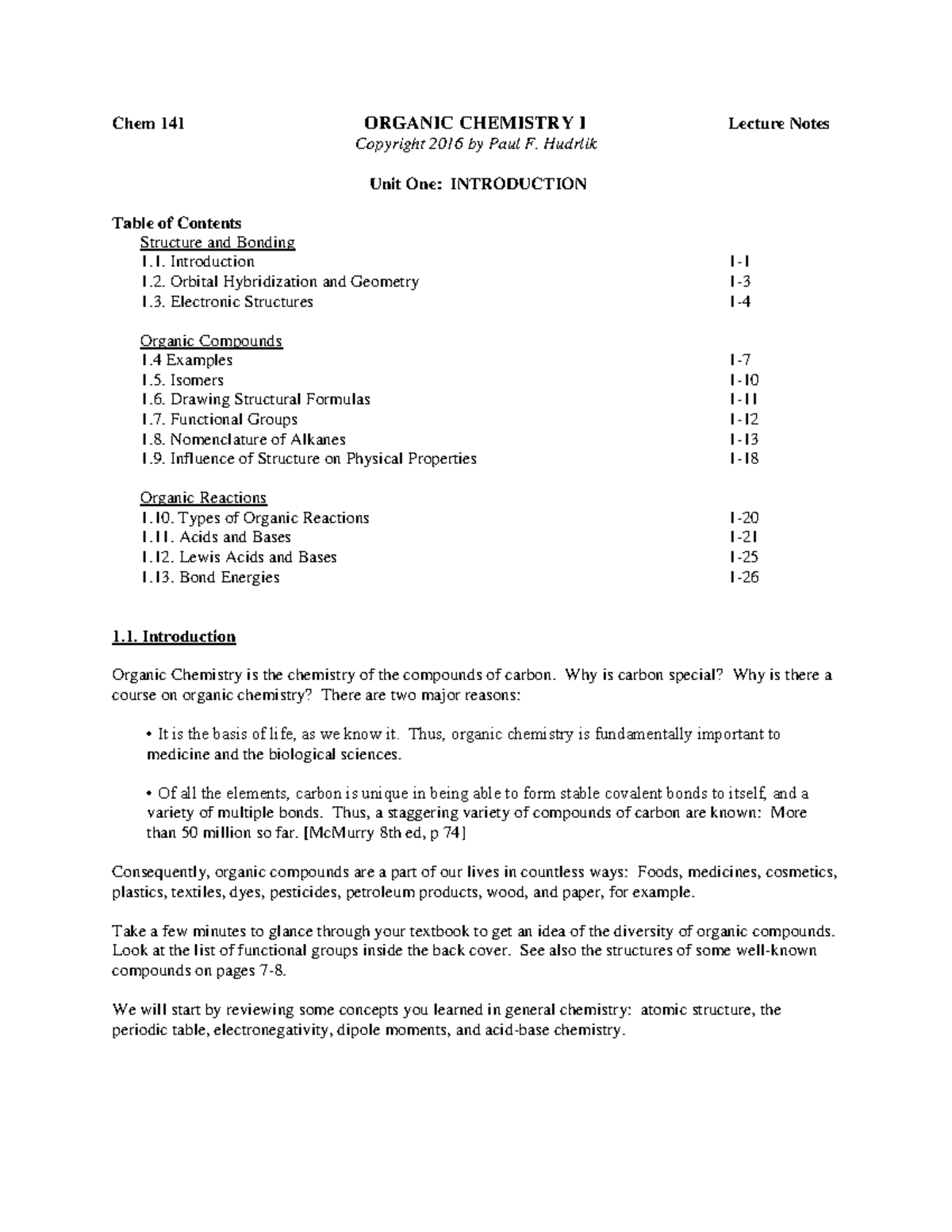 Chem 141 Organic Chemistry I Lecture Notes - Unit One Overview - Studocu