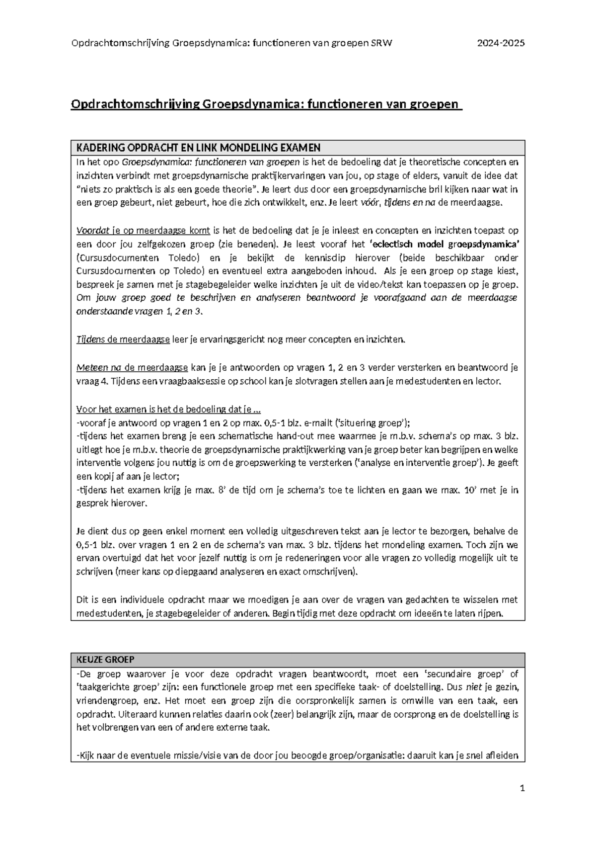 Opdrachtomschrijving Groepsdynamica SRW: Functioneren van Groepen 2024 ...