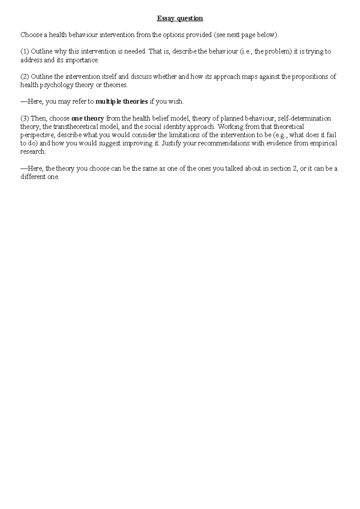 Health Behaviour Intervention Essay: Theoretical Perspectives ...