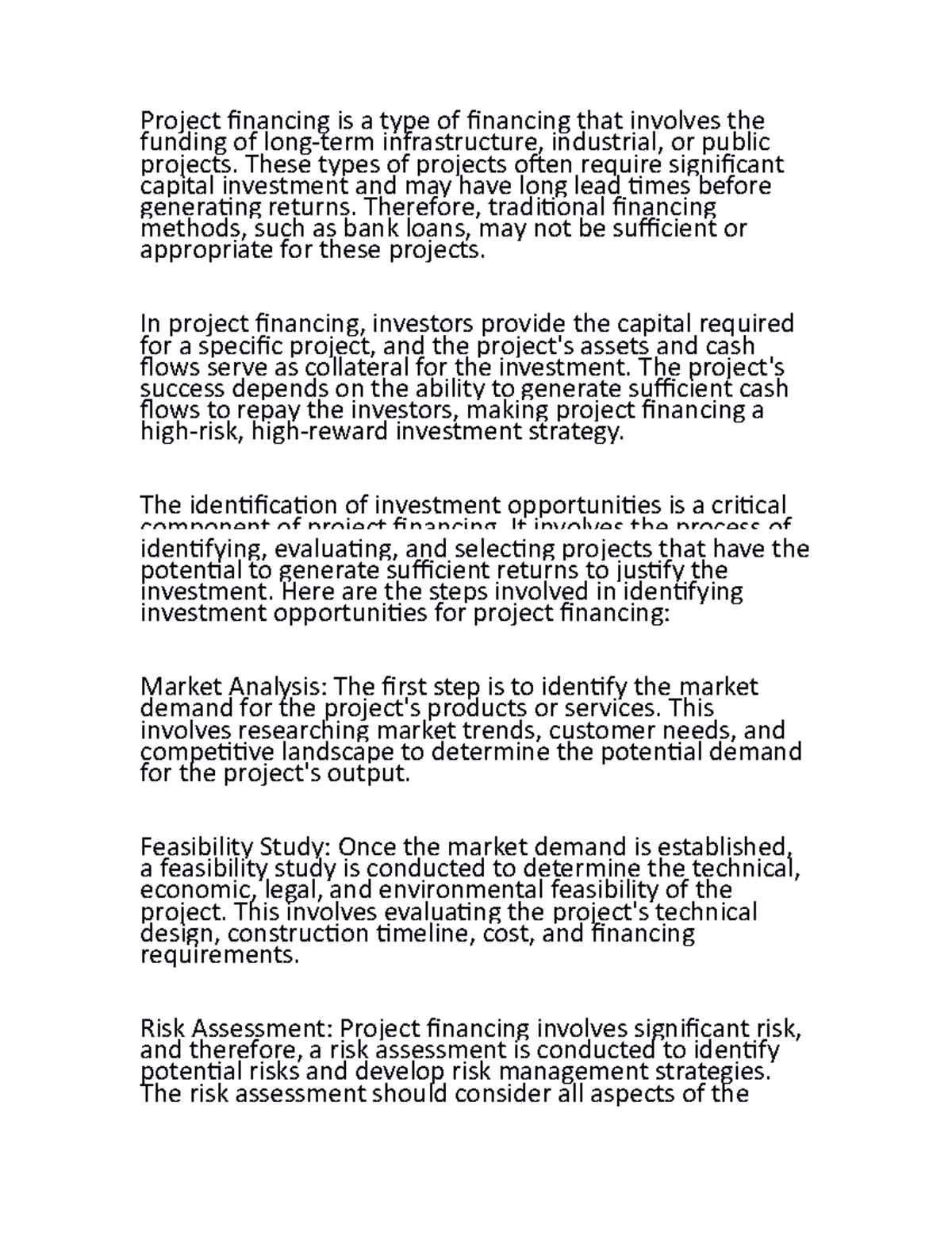Project financing , identification of investment opportunities ...