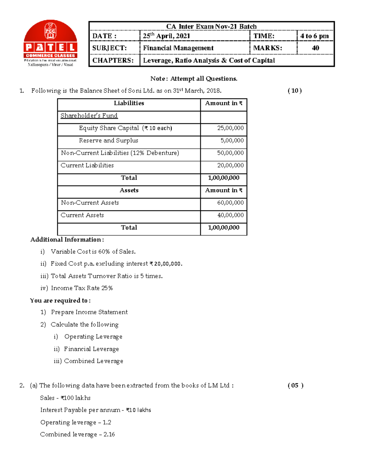 Financial Management Exam CA Inter Nov-21: Ratio & Leverage Analysis ...