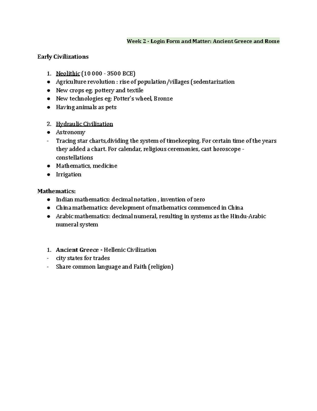 HIST 101: Week 2 Notes on Ancient Greece and Rome Civilizations - Studocu