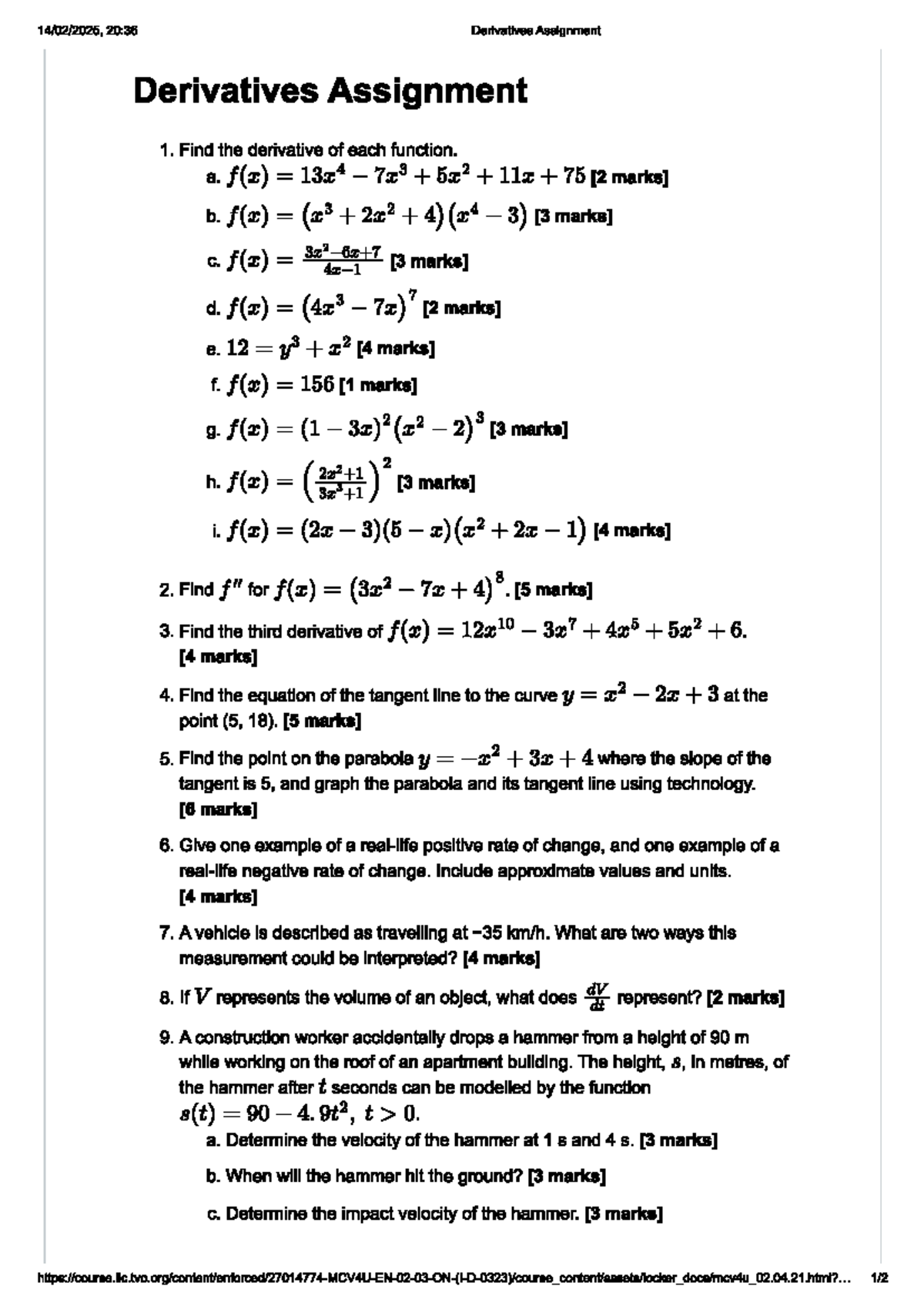 Unit 2 - Calculus Derivatives Assignment Rubric and Guidelines - Studocu
