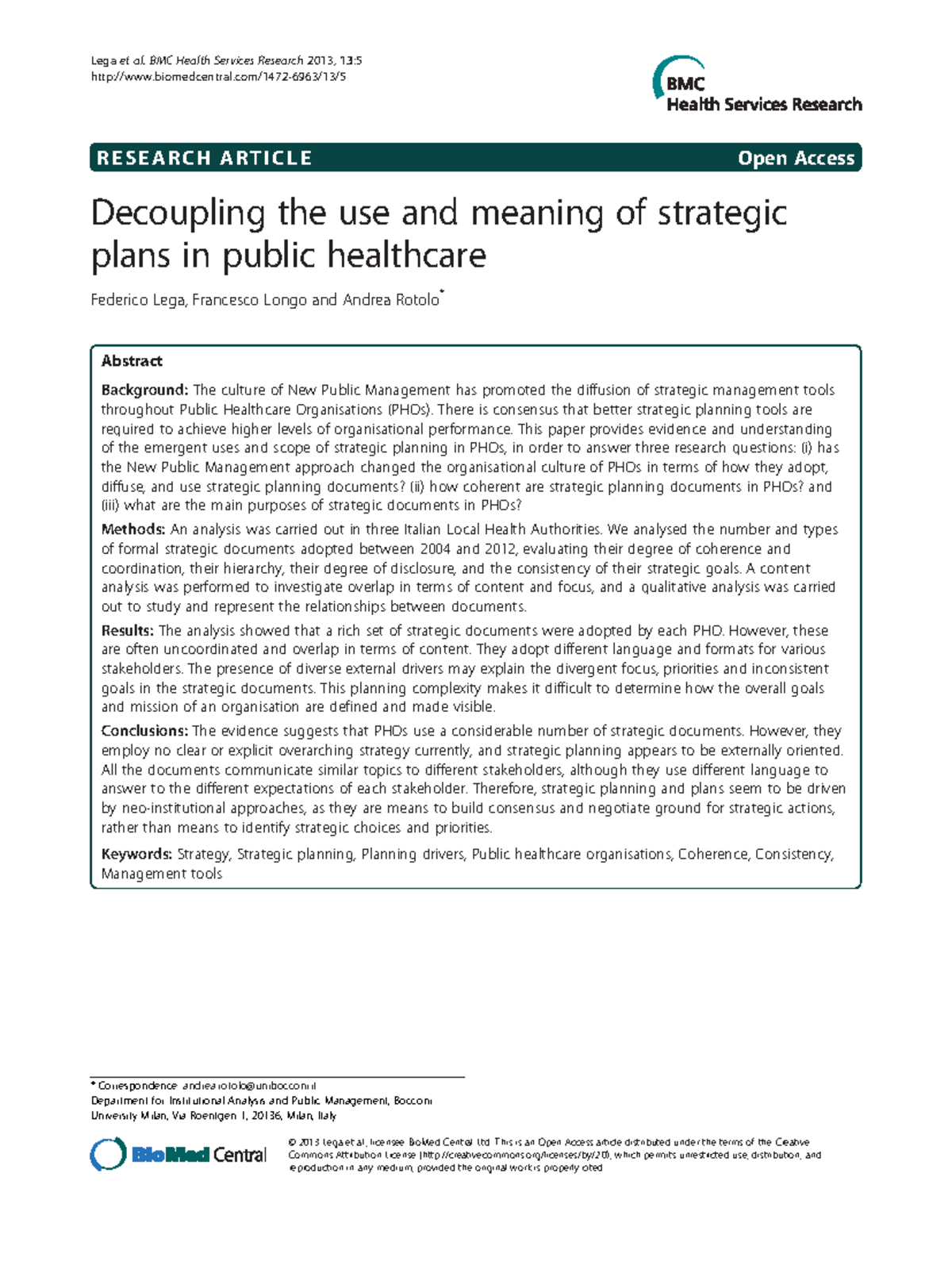 Decoupling the use and meaning of strategic plans in public healthcare ...