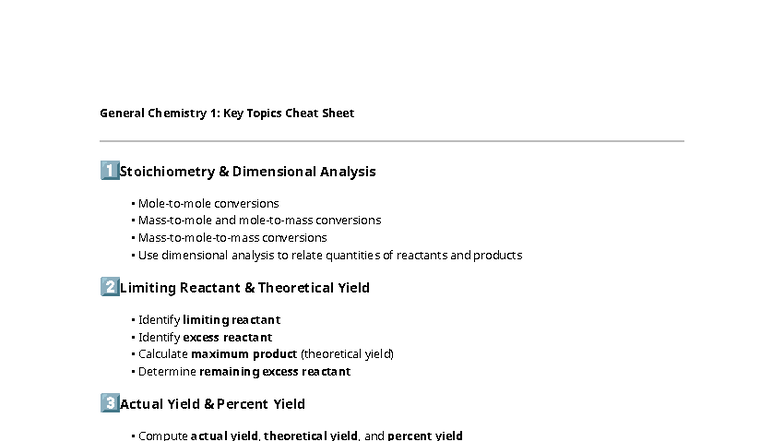 General Chemistry 1: Stoichiometry & Key Concepts Cheat Sheet - Studocu