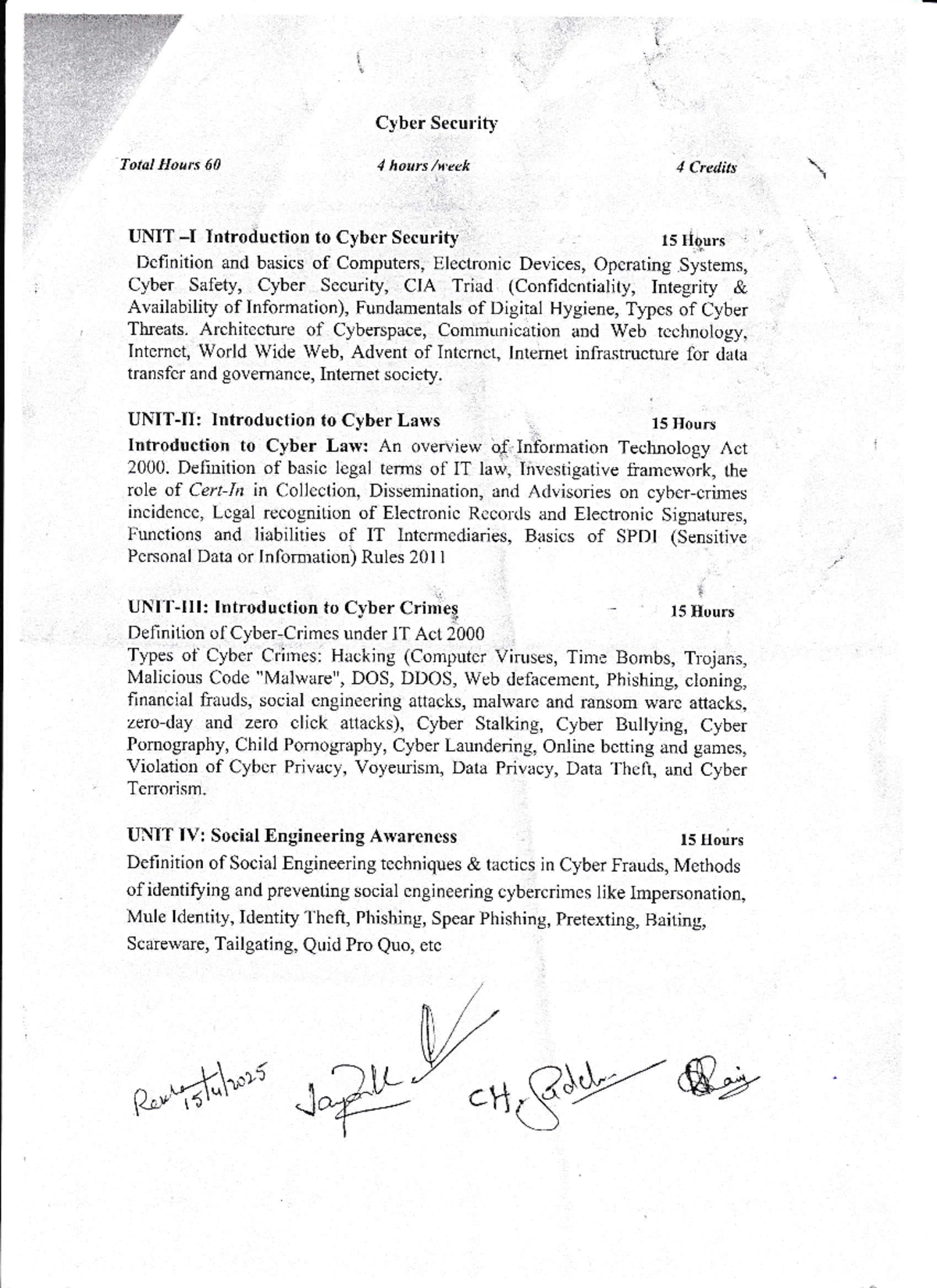 Cyber Security Syllabus (CS101) - Total Hours: 60 - Studocu