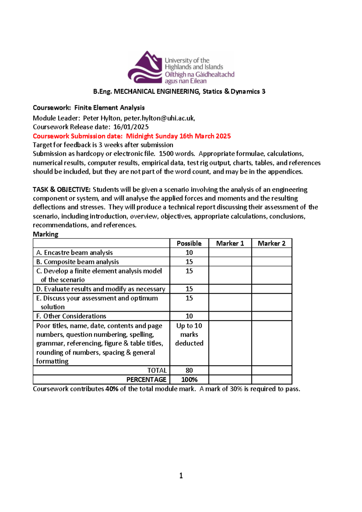 B.Eng. MECHANICAL ENGINEERING, Statics Dynamics 3 Coursework: FEA ...