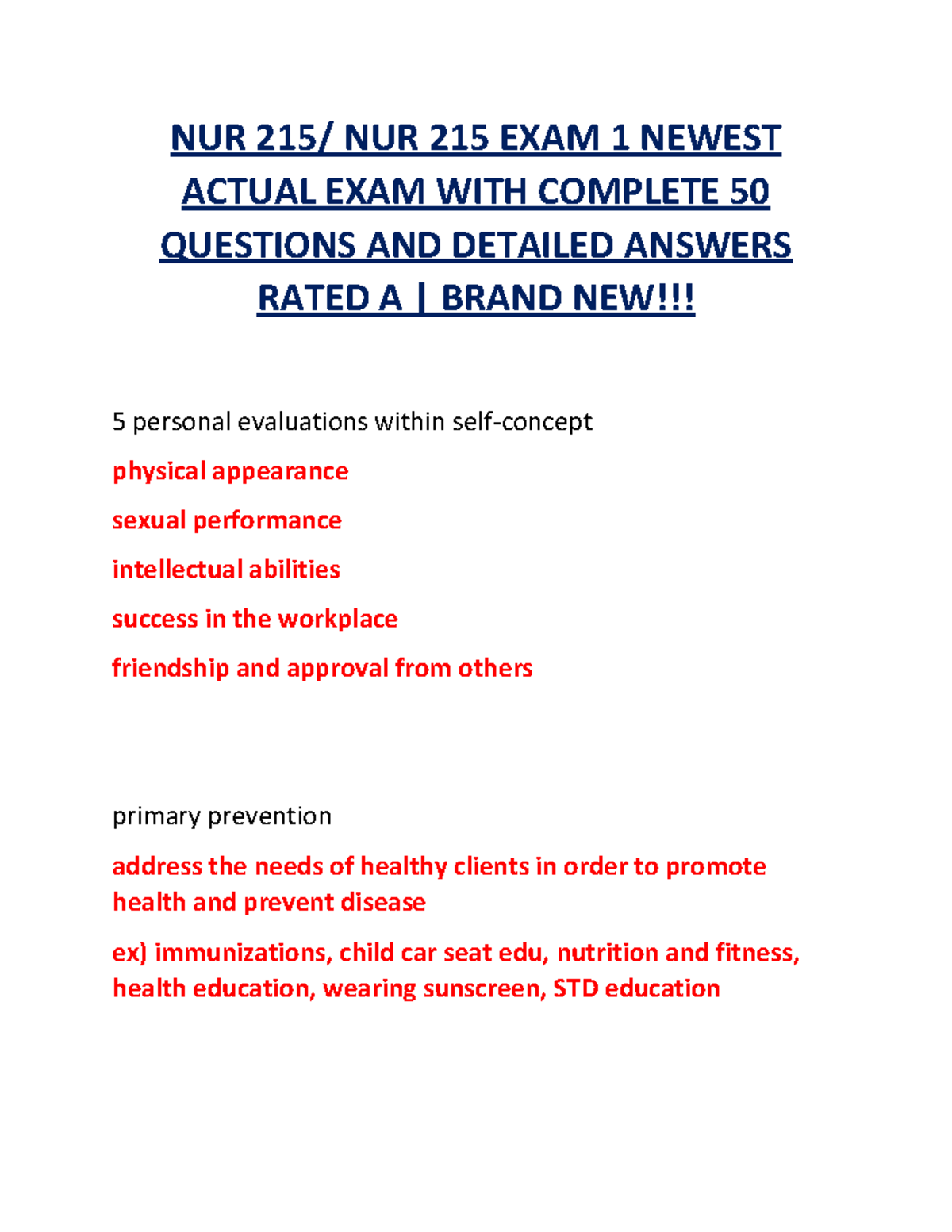 NUR 215 EXAM 1 - COMPREHENSIVE STUDY GUIDE WITH 50 QUESTIONS - Studocu