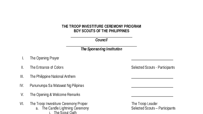 Troop Investiture Ceremony Program & Script - Boy Scouts of the ...