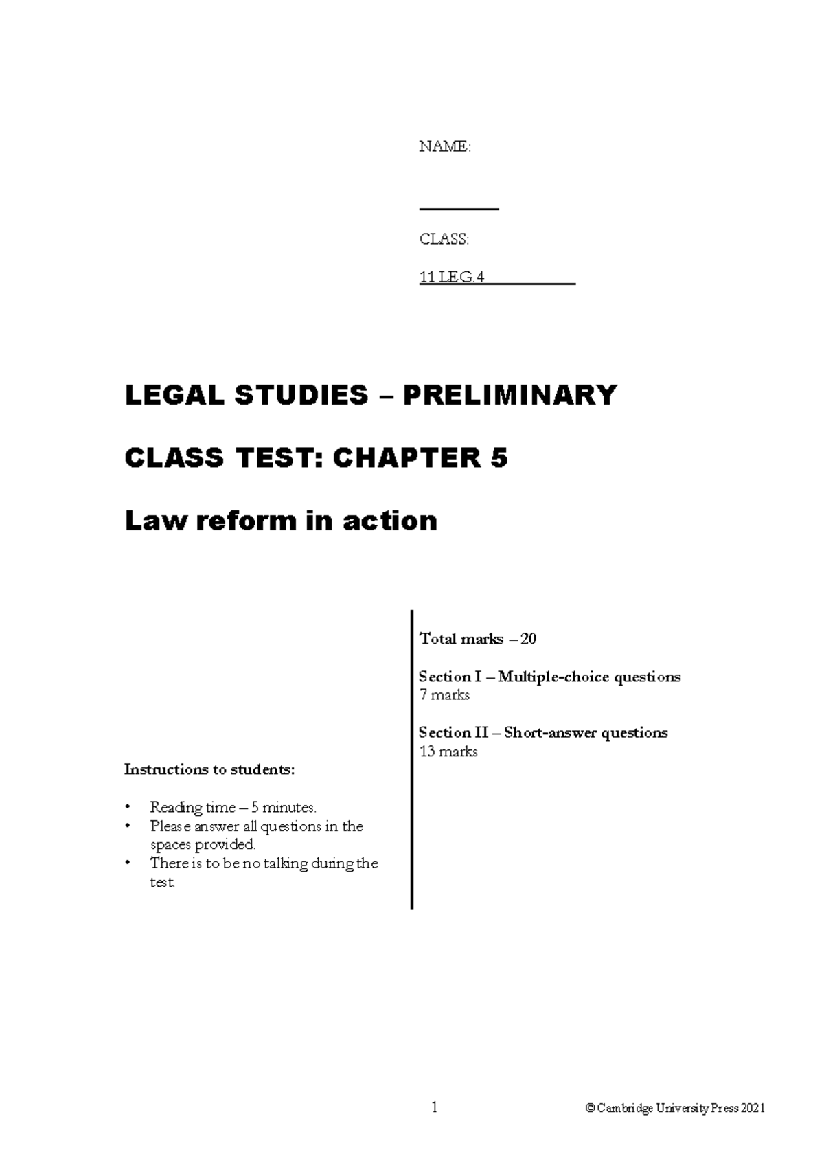 11 Legal Studies Preliminary Class Test: Chapter 5 Law Reform Insights ...