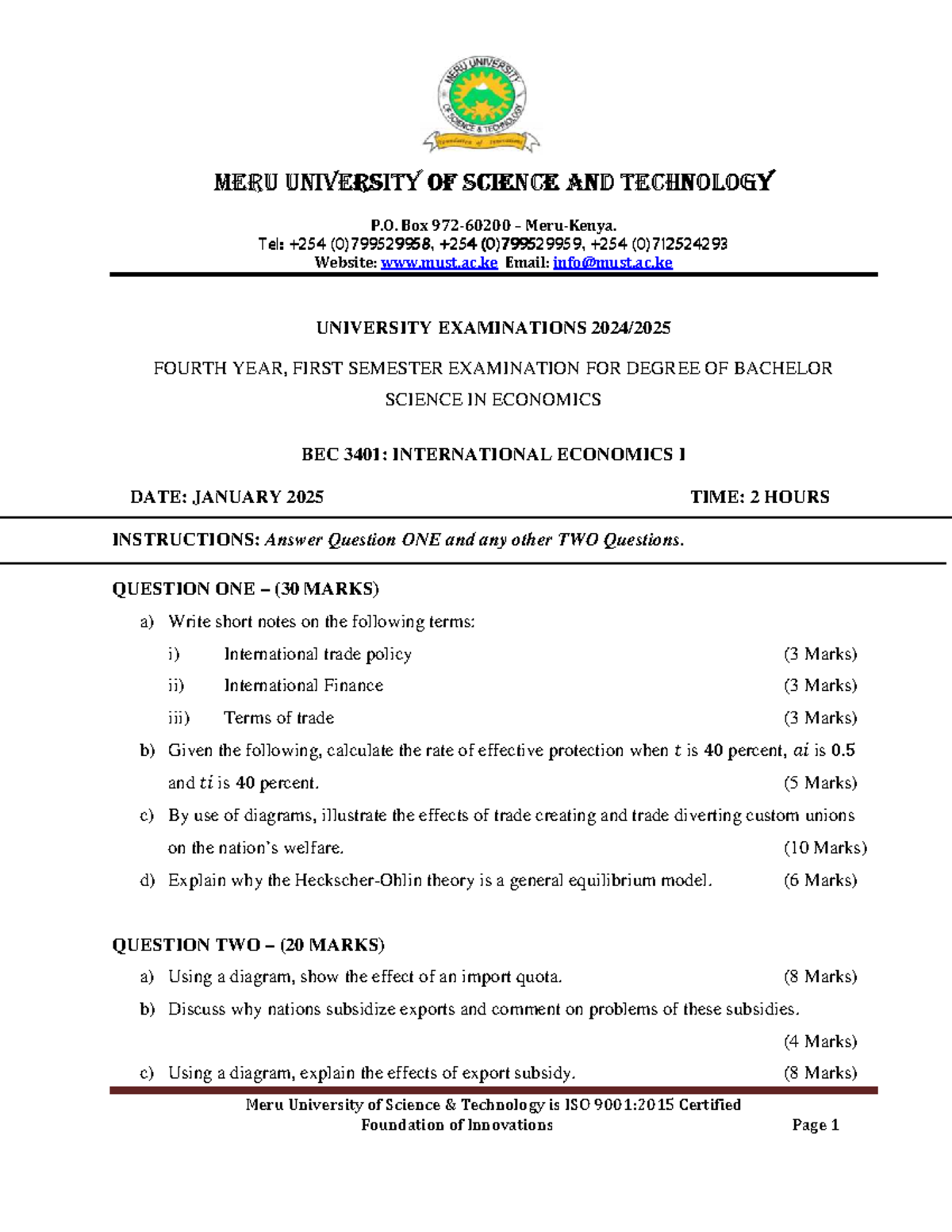 BEC 3401: International Economics I - Exam Paper January 2025 - Studocu
