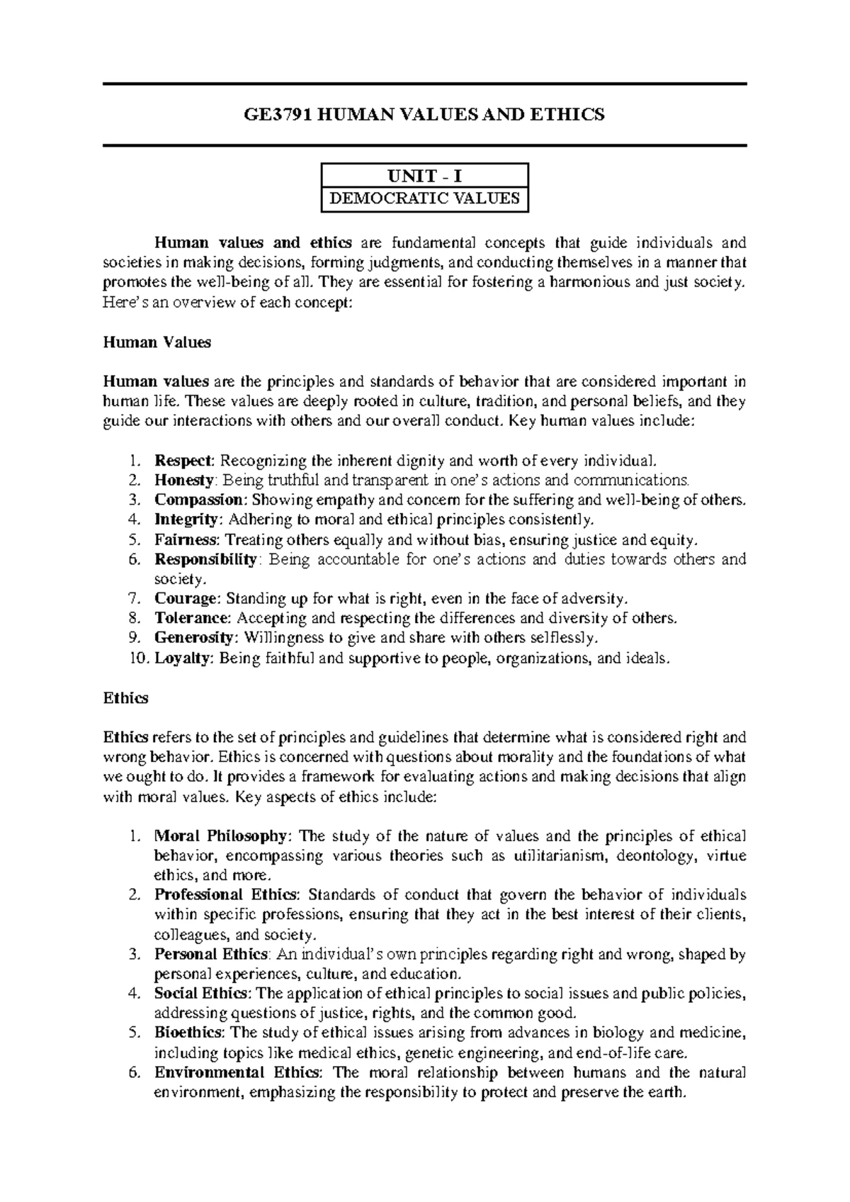 GE3791 HUMAN VALUES AND ETHICS - UNIT II: Secular Values Explained ...