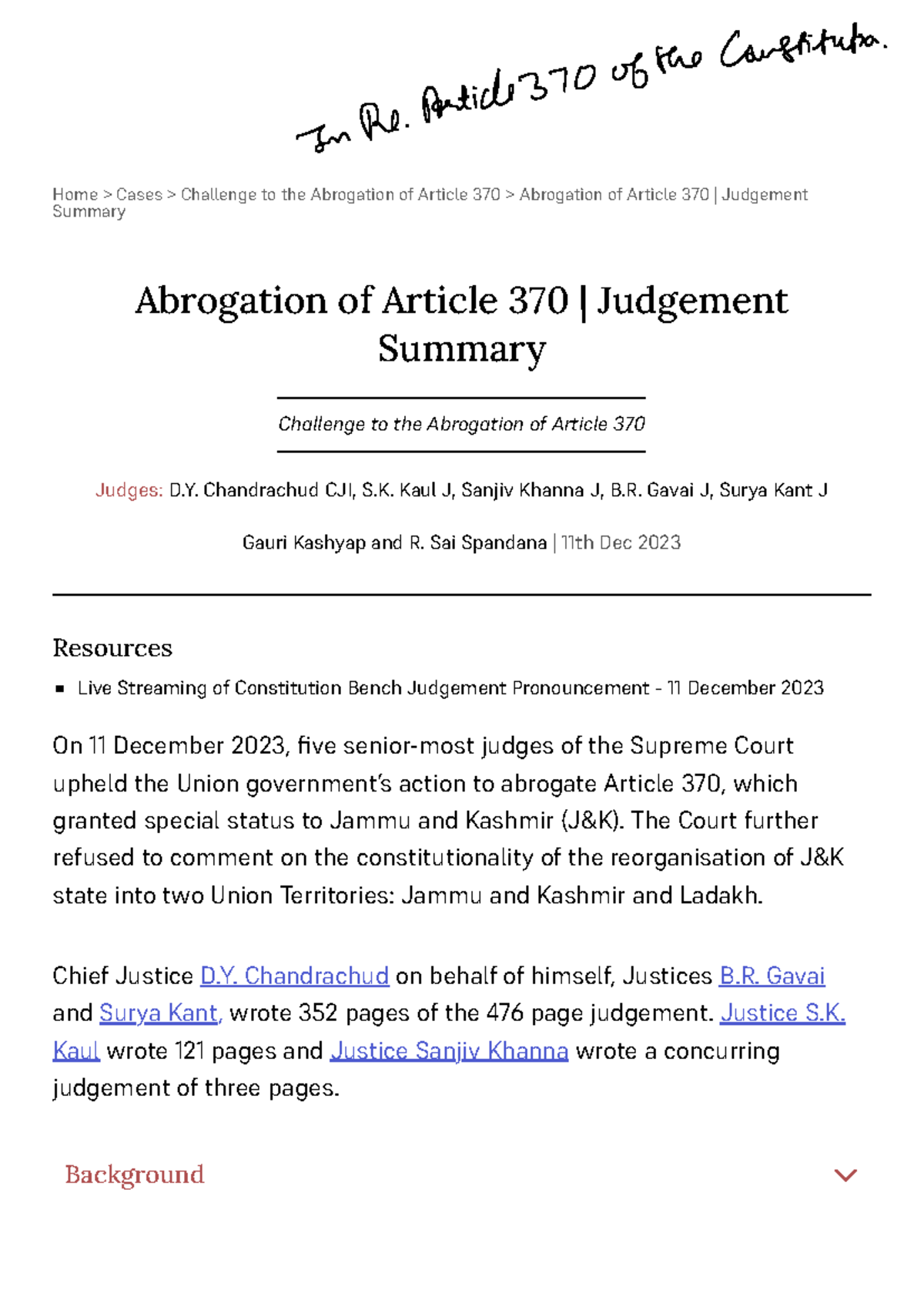 Abrogation of Article 370 | Supreme Court Judgement Summary CO 272 ...