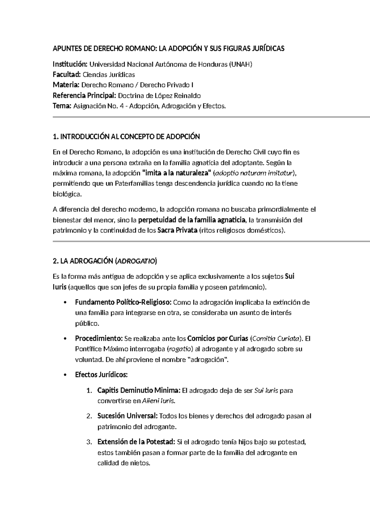 APUNTES DE DERECHO ROMANO: ADOPCIÓN Y FIGURAS JURÍDICAS - UNAH - Studocu