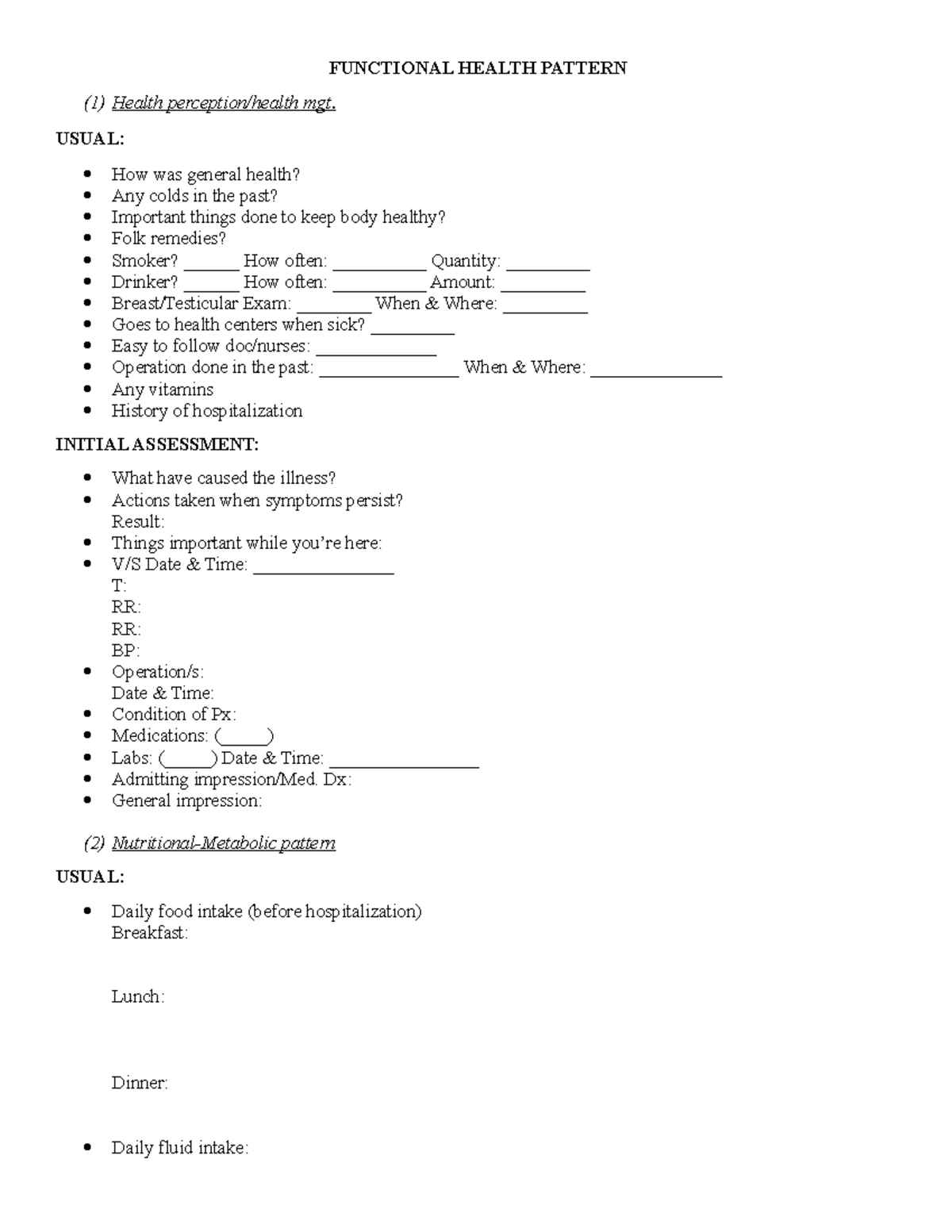 Functional Health Patterns Assessment Guide - Health Care Course - Studocu