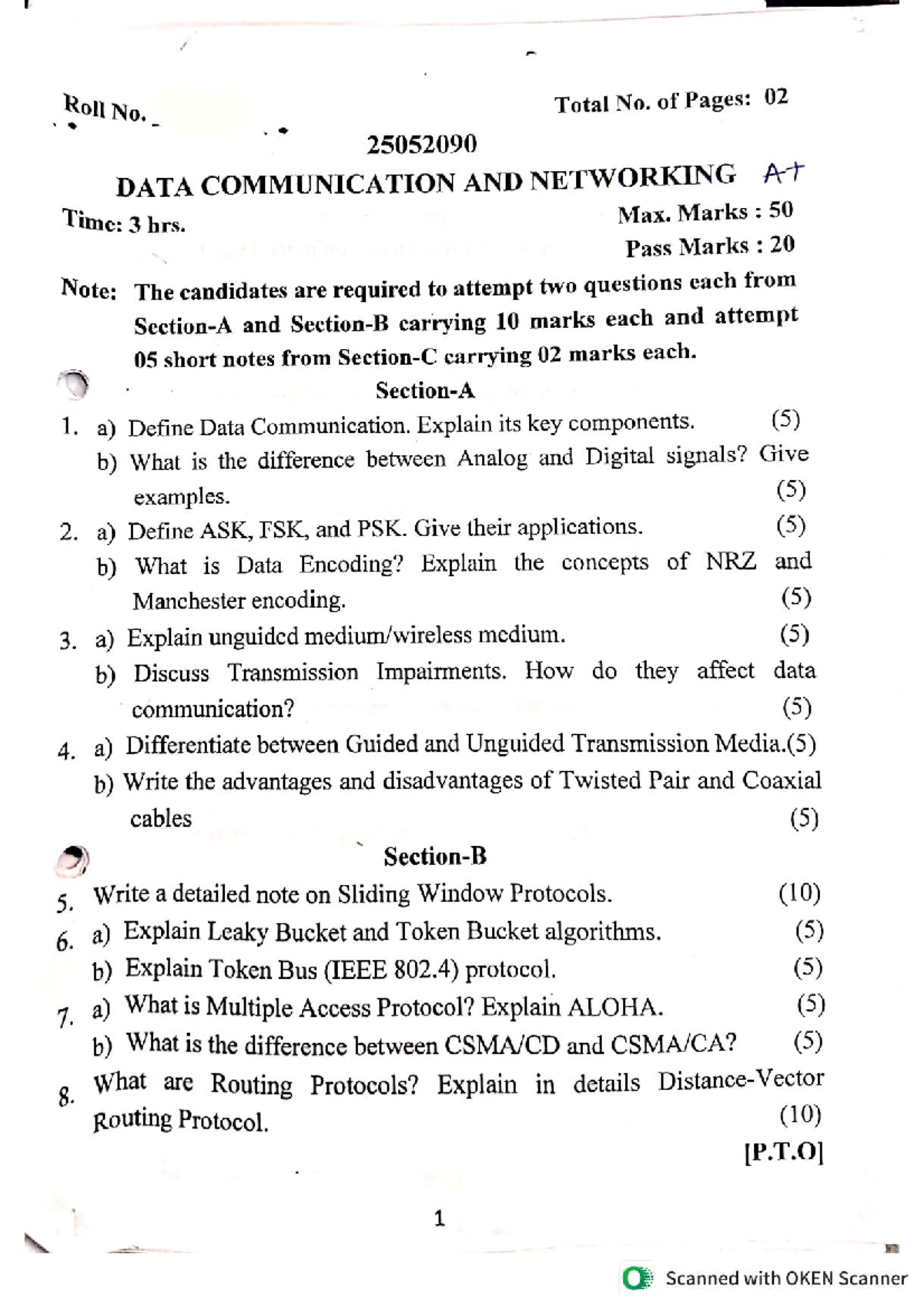 MCA 25052090 Data Communication & Networking Previous Year QP - Studocu