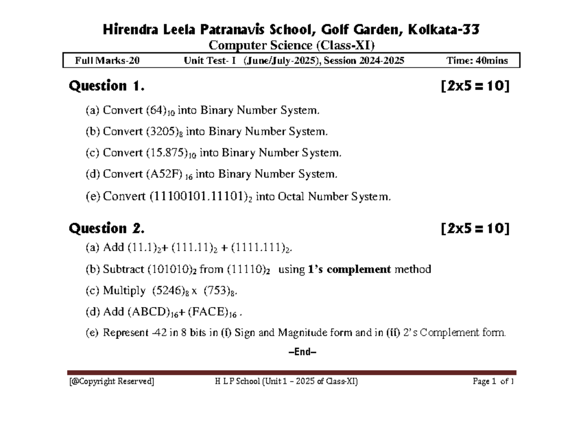 CSC-1 U1 XI 20252026 - Question paper - [@Copyright Reserved] H L P ...