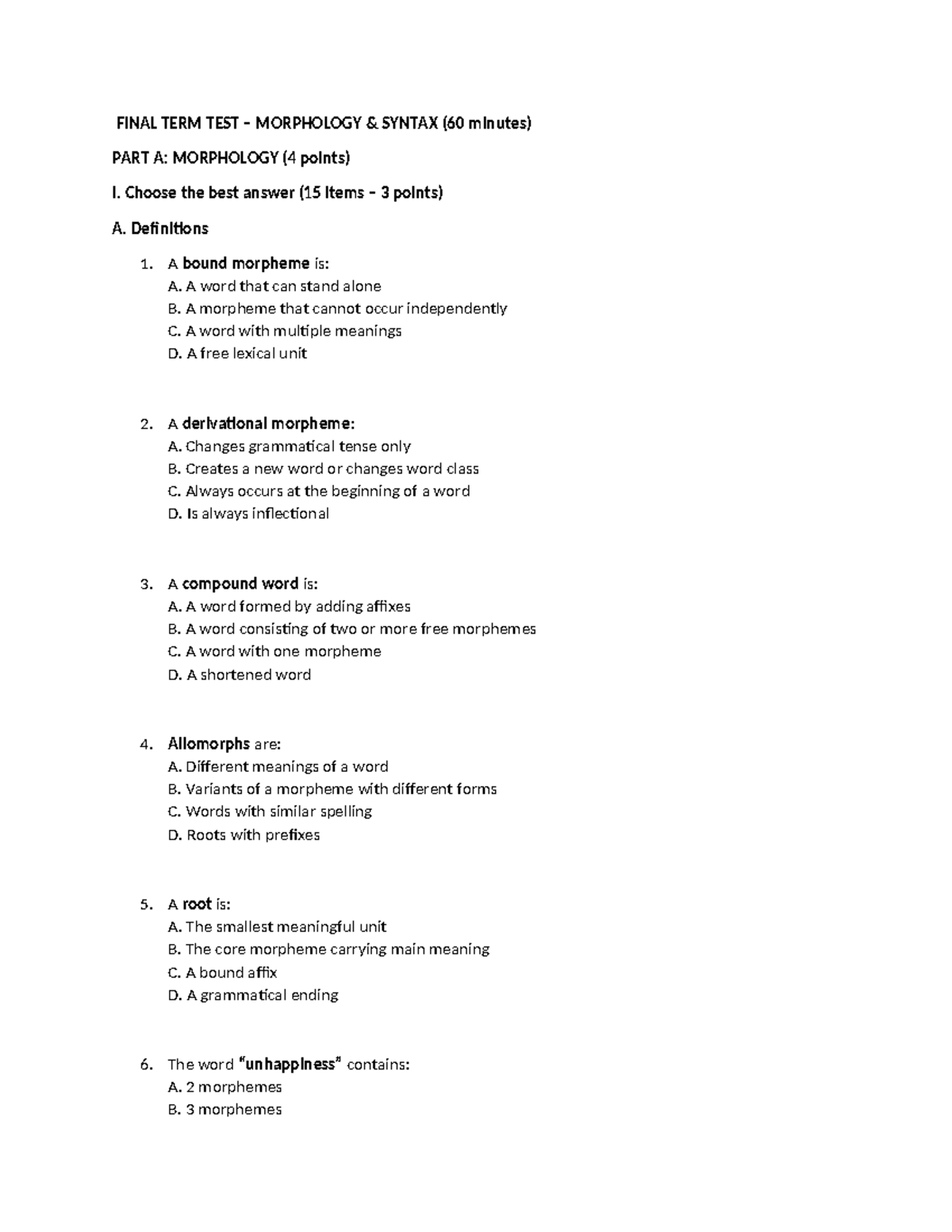 FINAL TERM TEST: MORPHOLOGY & SYNTAX (60 min) - Đề tự làm 1 - Studocu