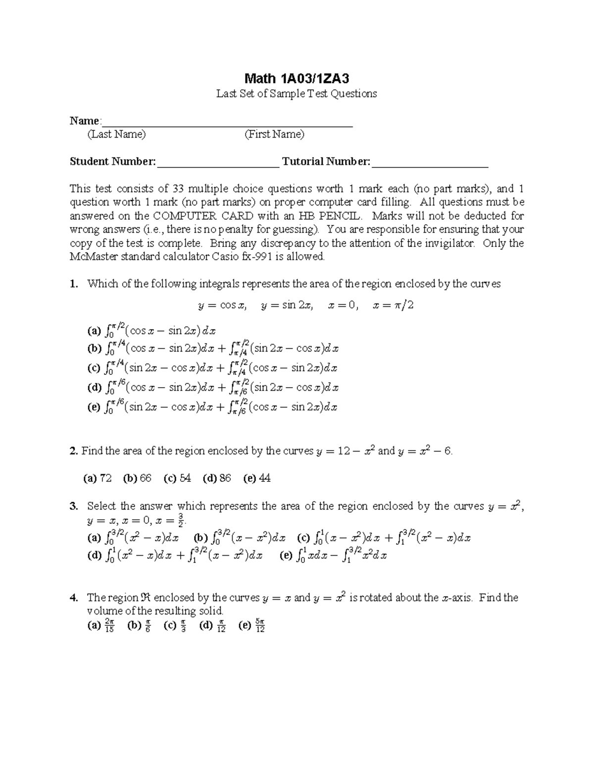 Math 1za3 problem sampler - Math 1A03/1ZA Last Set of Sample Test ...