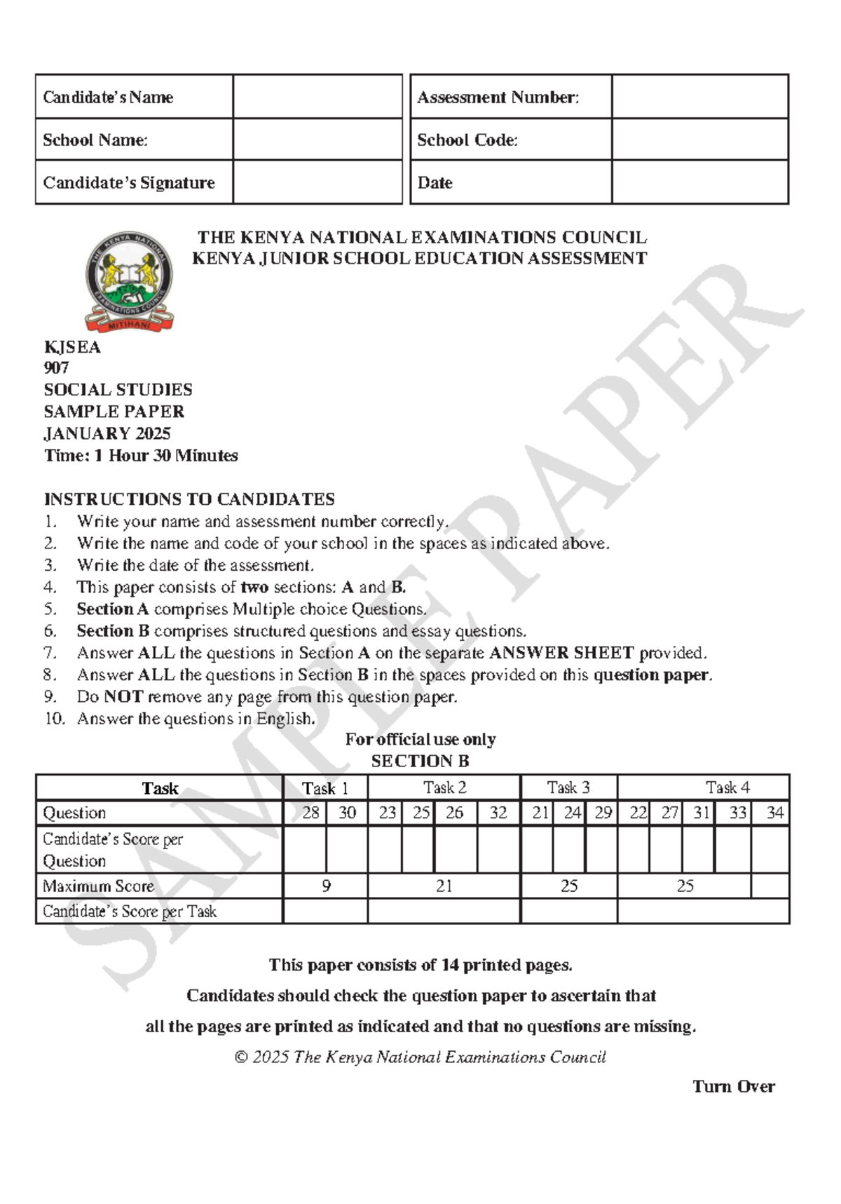 KJSEA 907 Social Studies January 2025 Sample Assessment Paper - Studocu