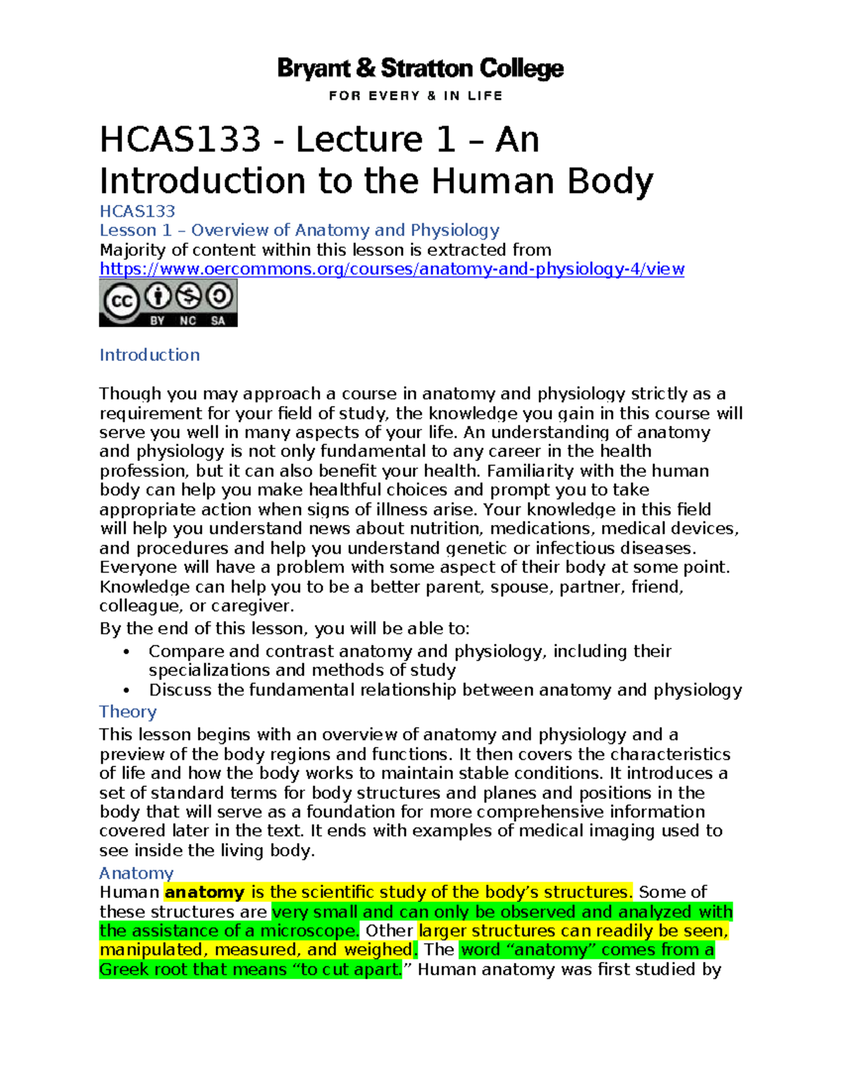 HCAS133 Lecture 1: Overview of Anatomy and Physiology - Studocu