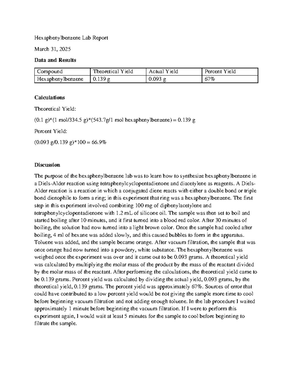 CHEM 301 Hexaphenylbenzene Lab Report: Synthesis & Results Analysis ...