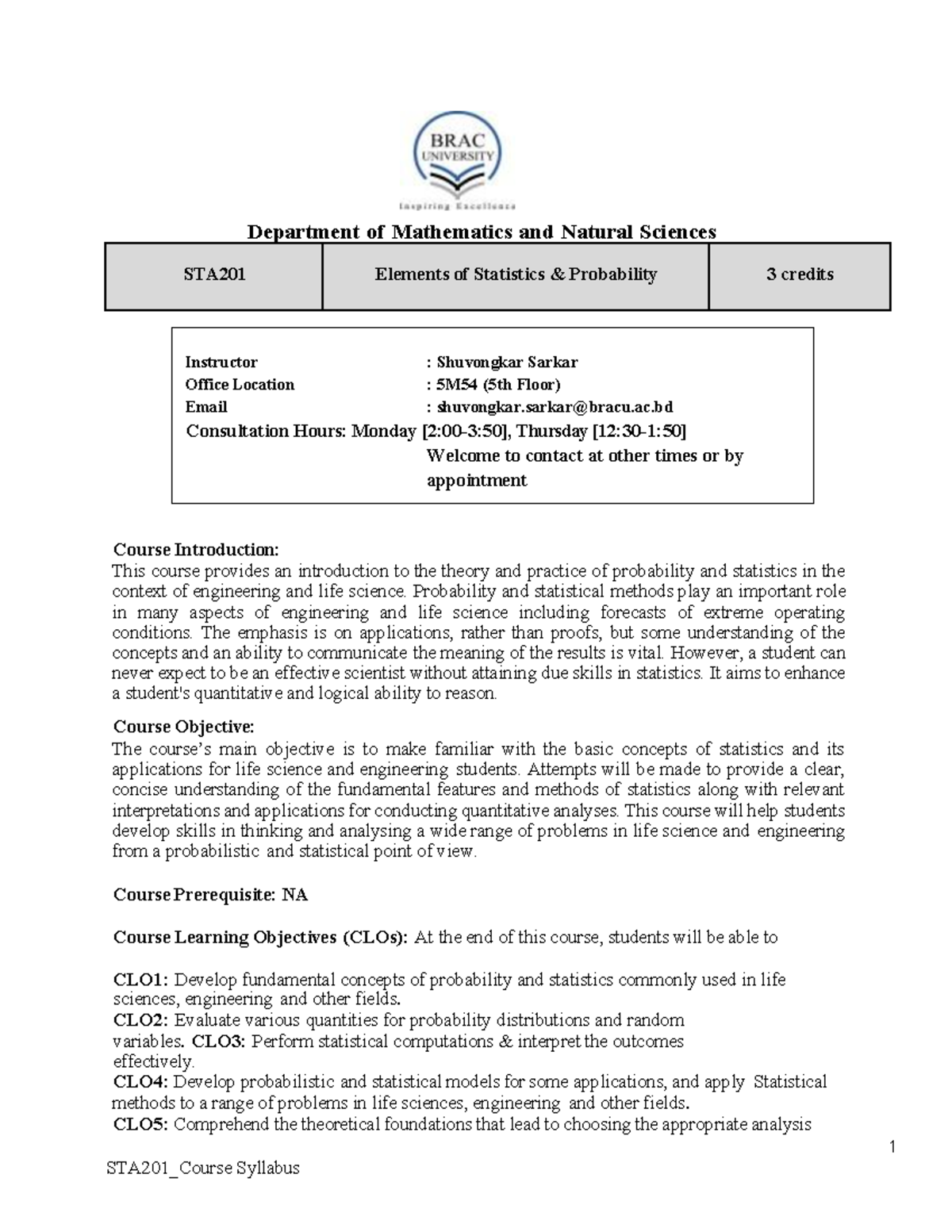STA201 Course Outline: Elements of Statistics & Probability Fall 2025 ...