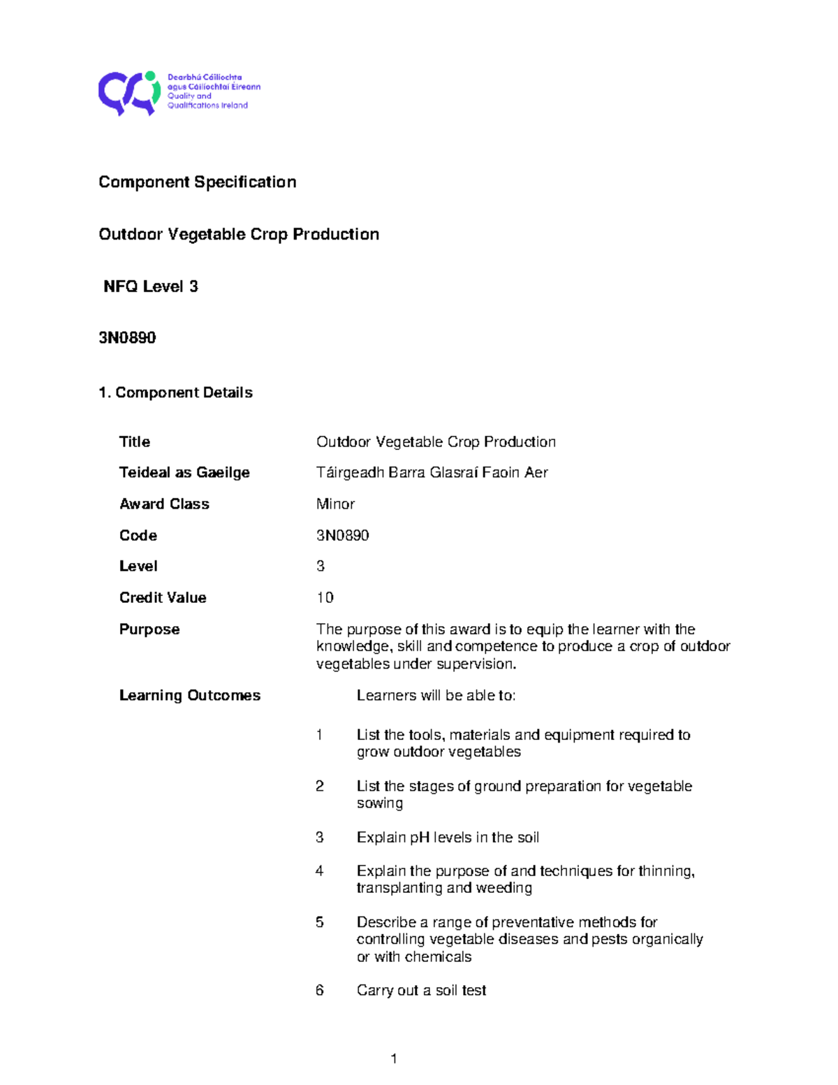 Outdoor Vegetable Crop Production Component Specification NFQ Level 3 ...