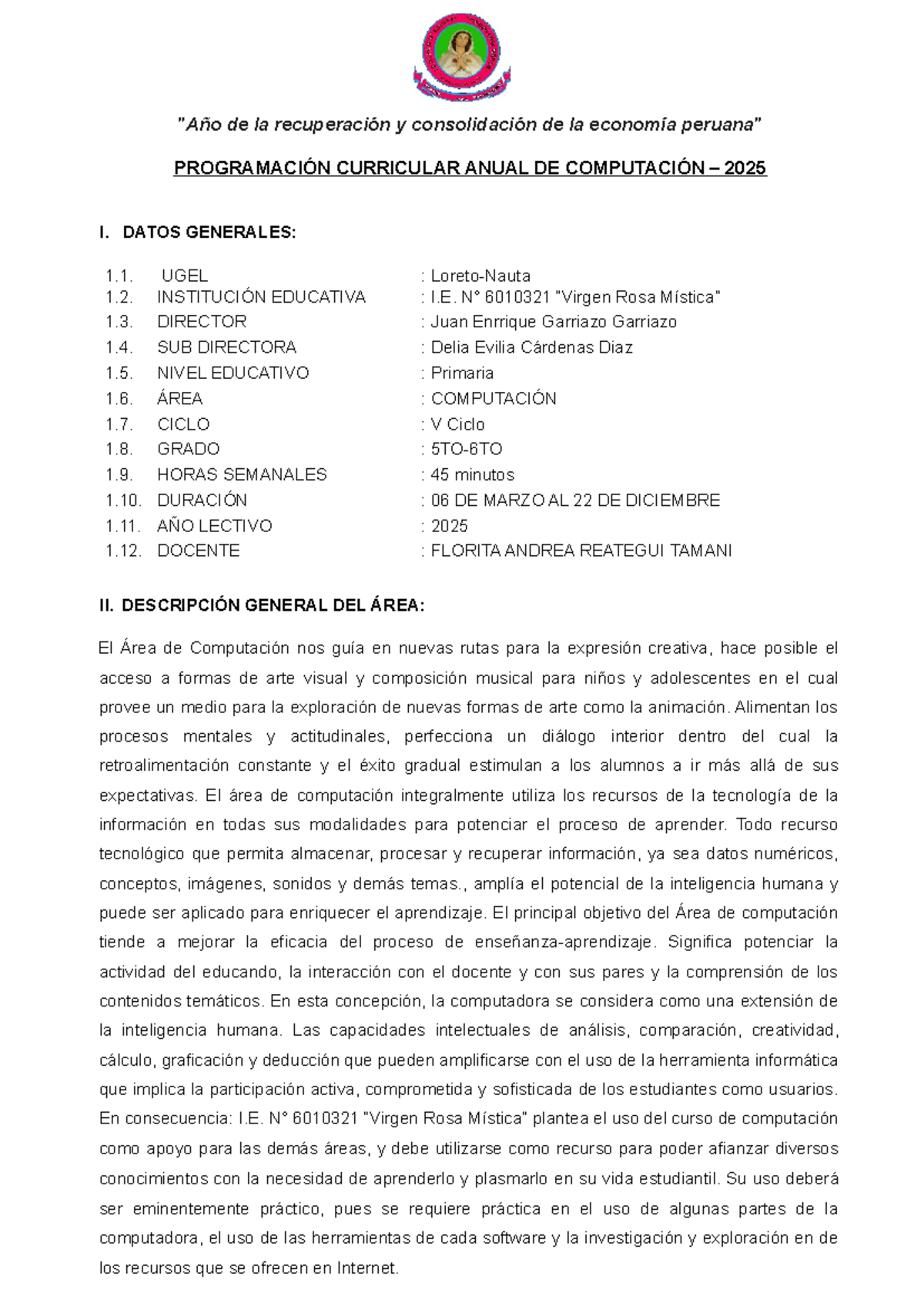 Programación Curricular Anual de Computación 2025 - I.E. 6010321 Rosa ...