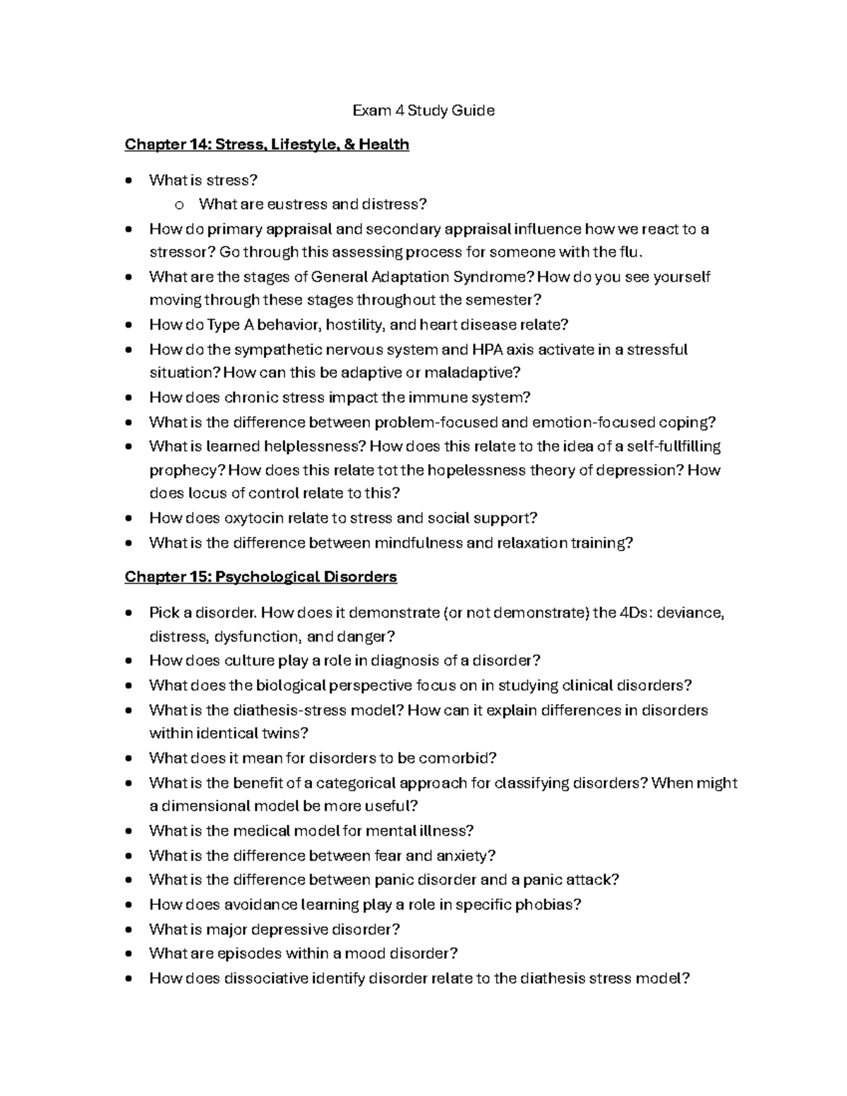 Exam 4 Study Guide: Stress, Psychological Disorders, & Therapy - Studocu